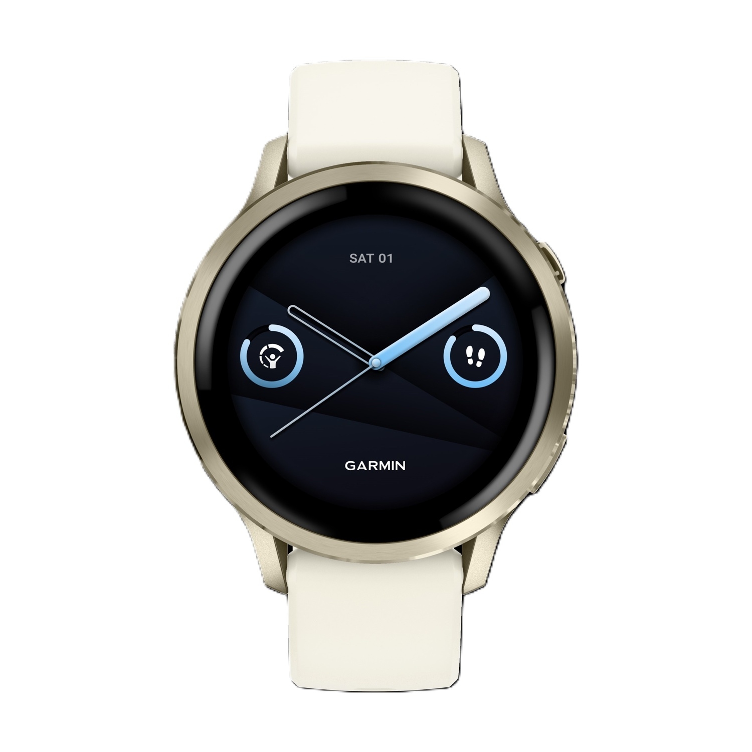 Uno smartwatch Garmin dorato con cinturino bianco su quadrante nera.