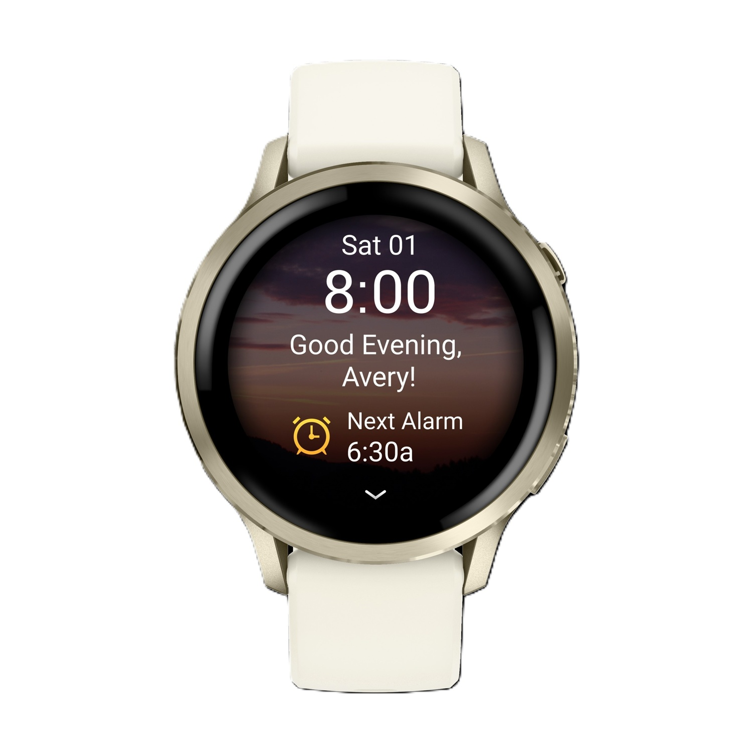Uno smartwatch dorato con cinturino bianco mostra le 8:00 e un messaggio Buonasera.