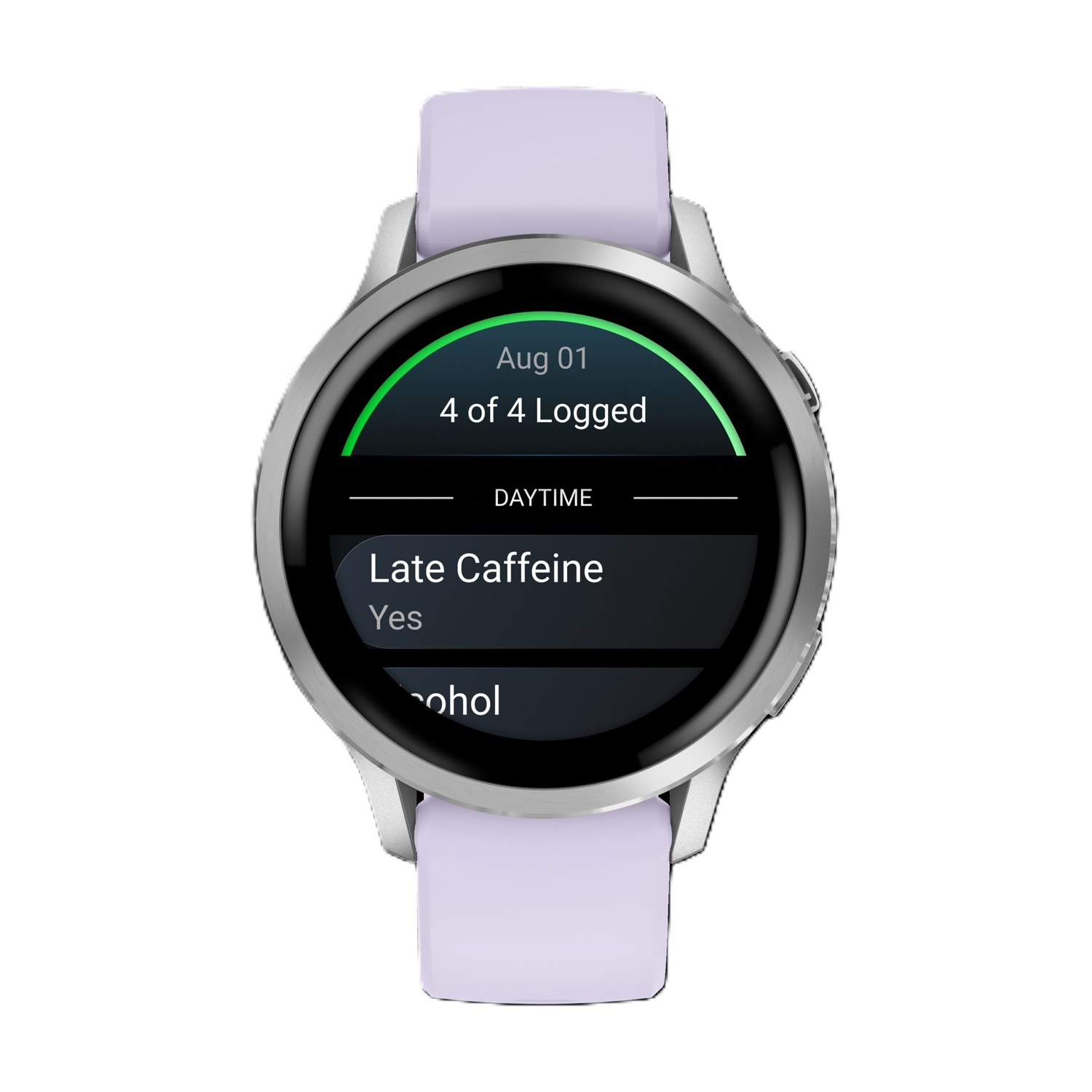 Smartwatch argento con cinturino lavanda mostra 01 ago, 4 di 4 registrati, diurno, caffeina tardiva: Sì.