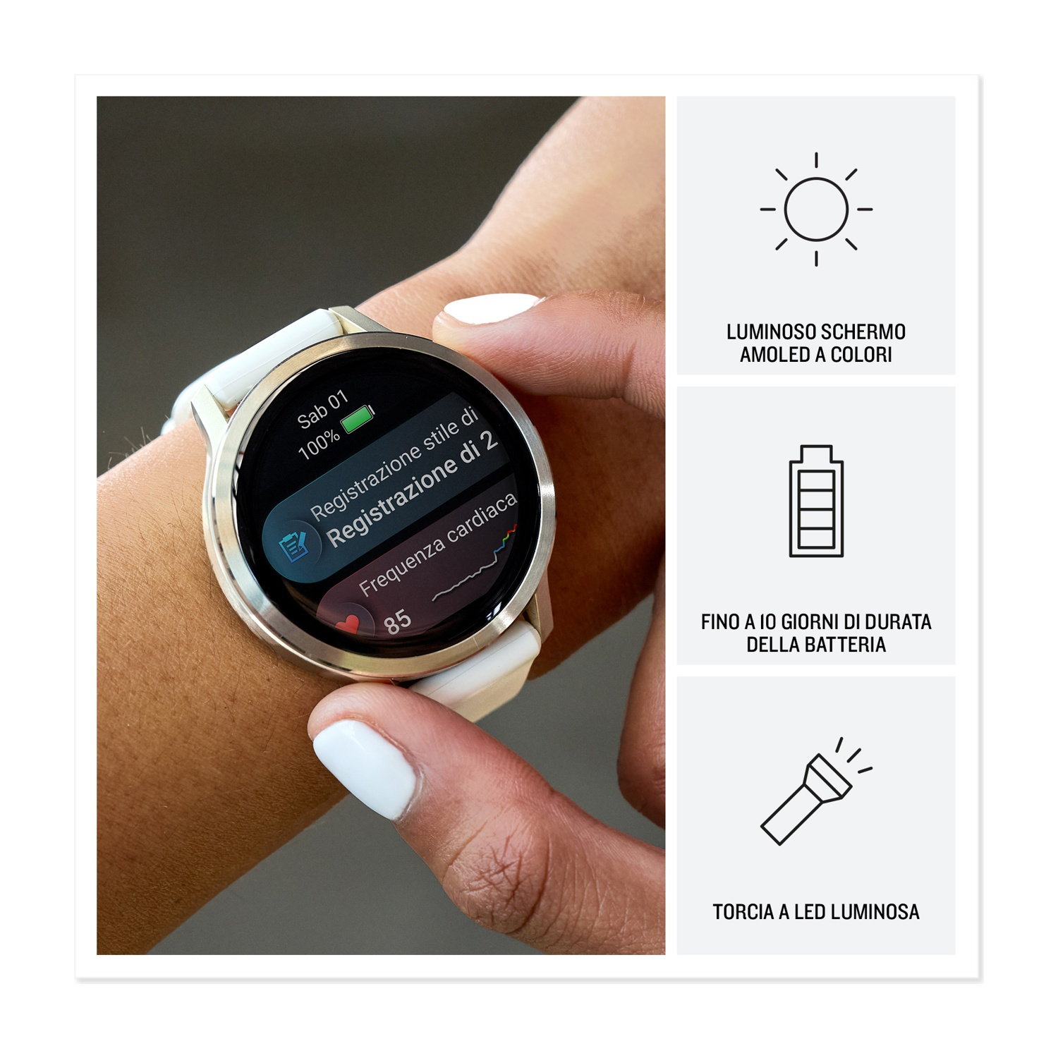 Una persona indossa uno smartwatch con display a colori che mostra la frequenza cardiaca.