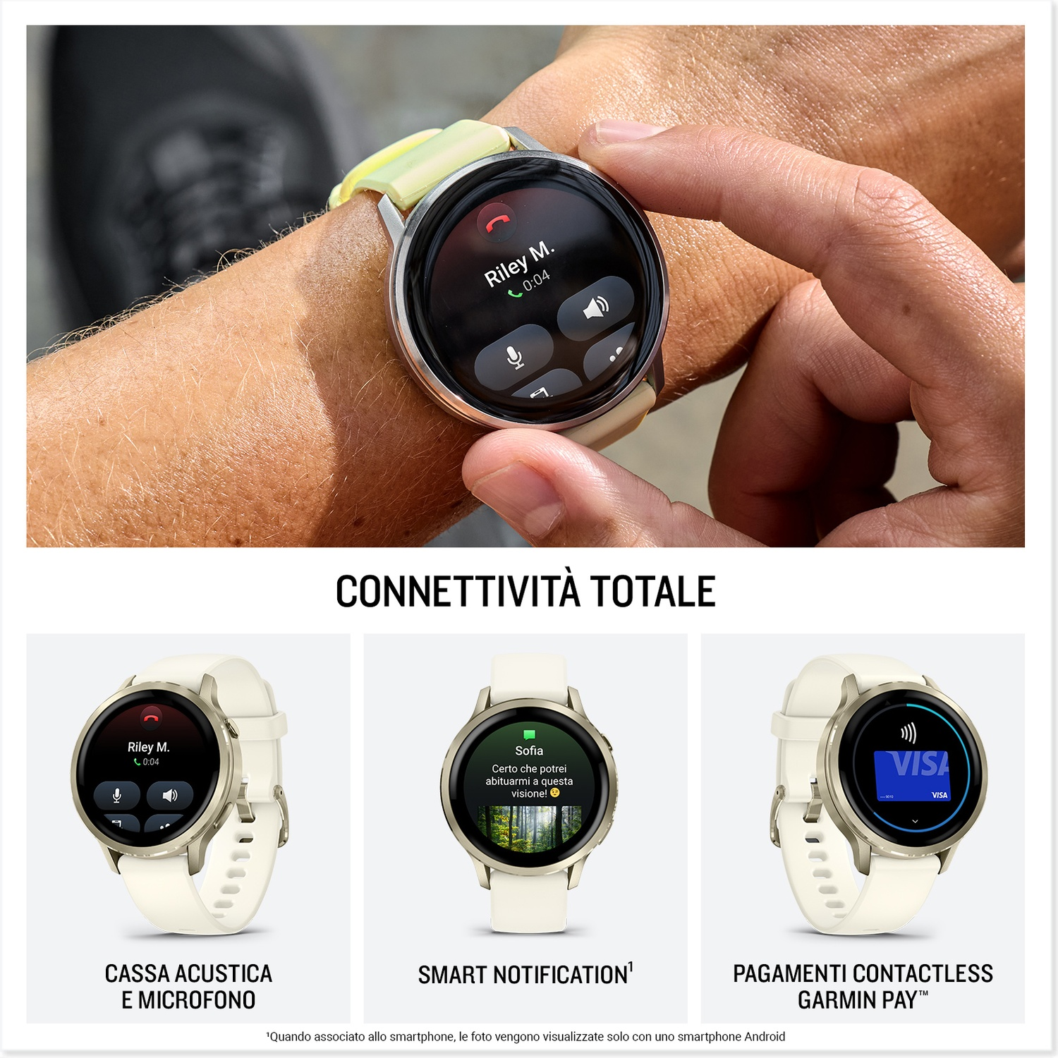 Una persona indossa uno smartwatch bianco con quadrante chiaro e cinturino giallo.