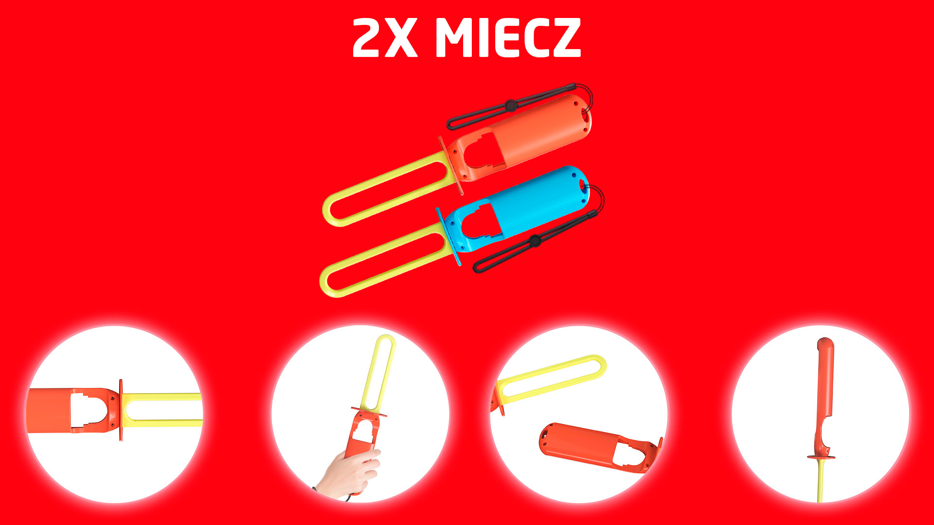 Dwa uchwyty do zabawy, czerwony i niebieski, z żółtymi ostrzami na czerwonym tle.