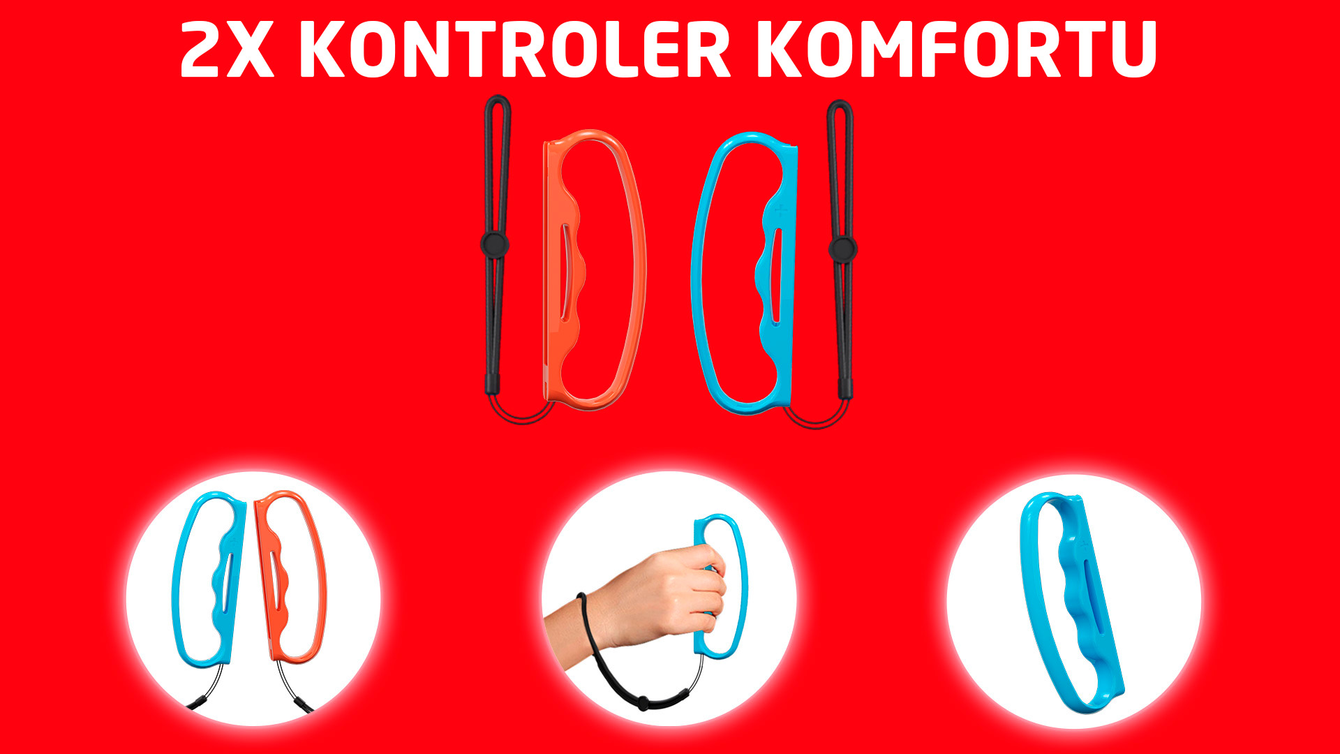 Dwa zestawy pomarańczowych i niebieskich uchwytów na kontrolery z paskami na nadgarstek.