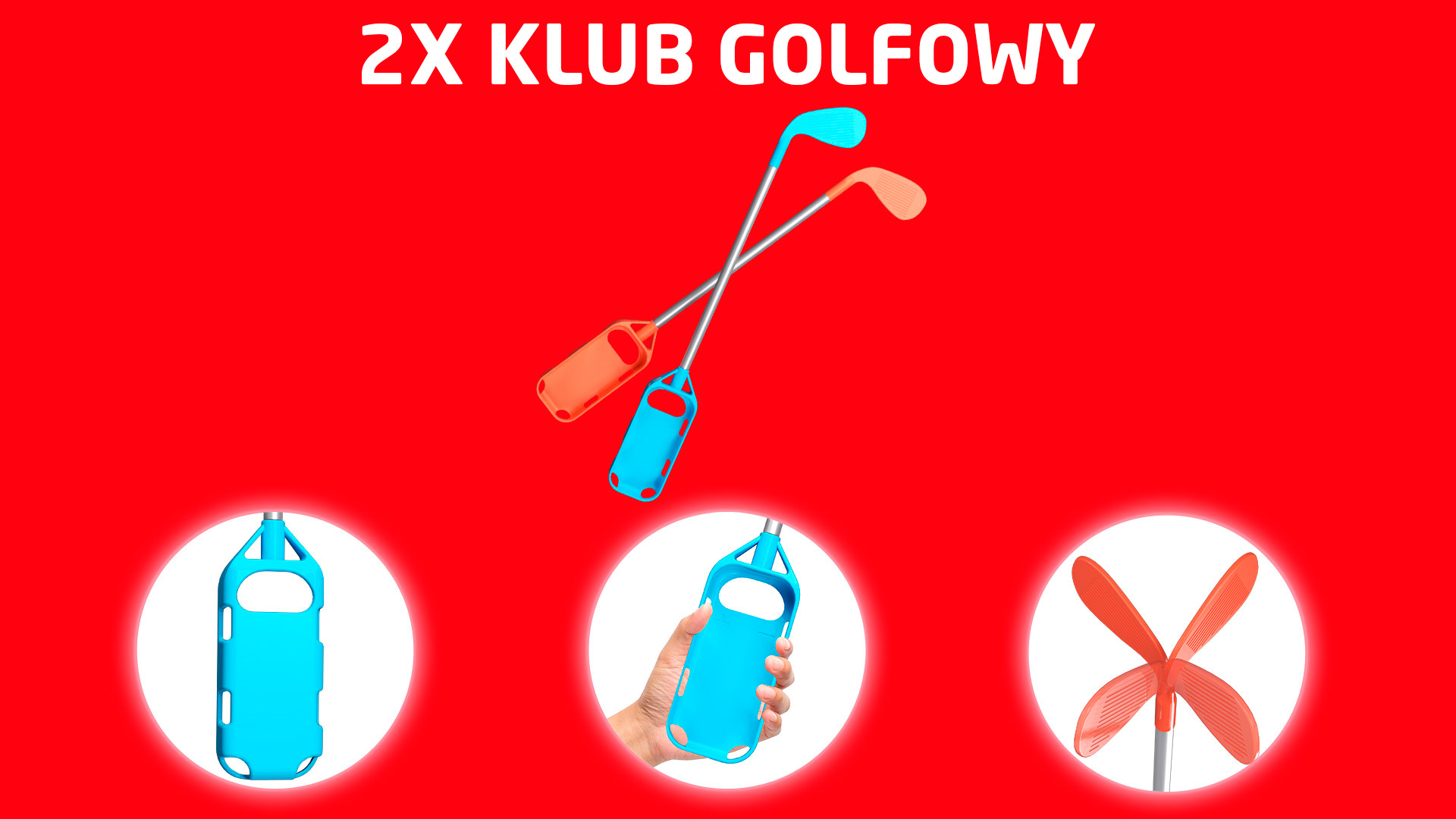 Dwa kije golfowe, niebieski i pomarańczowy, z uchwytami i dłoń trzymająca niebieski uchwyt.