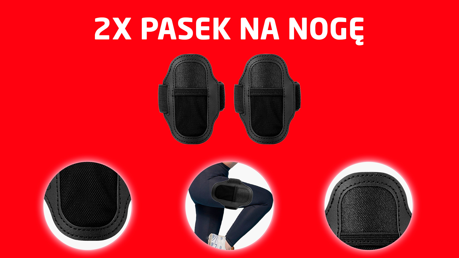 Dwa czarne paski na nogi z siateczką i rzepem. Detale.