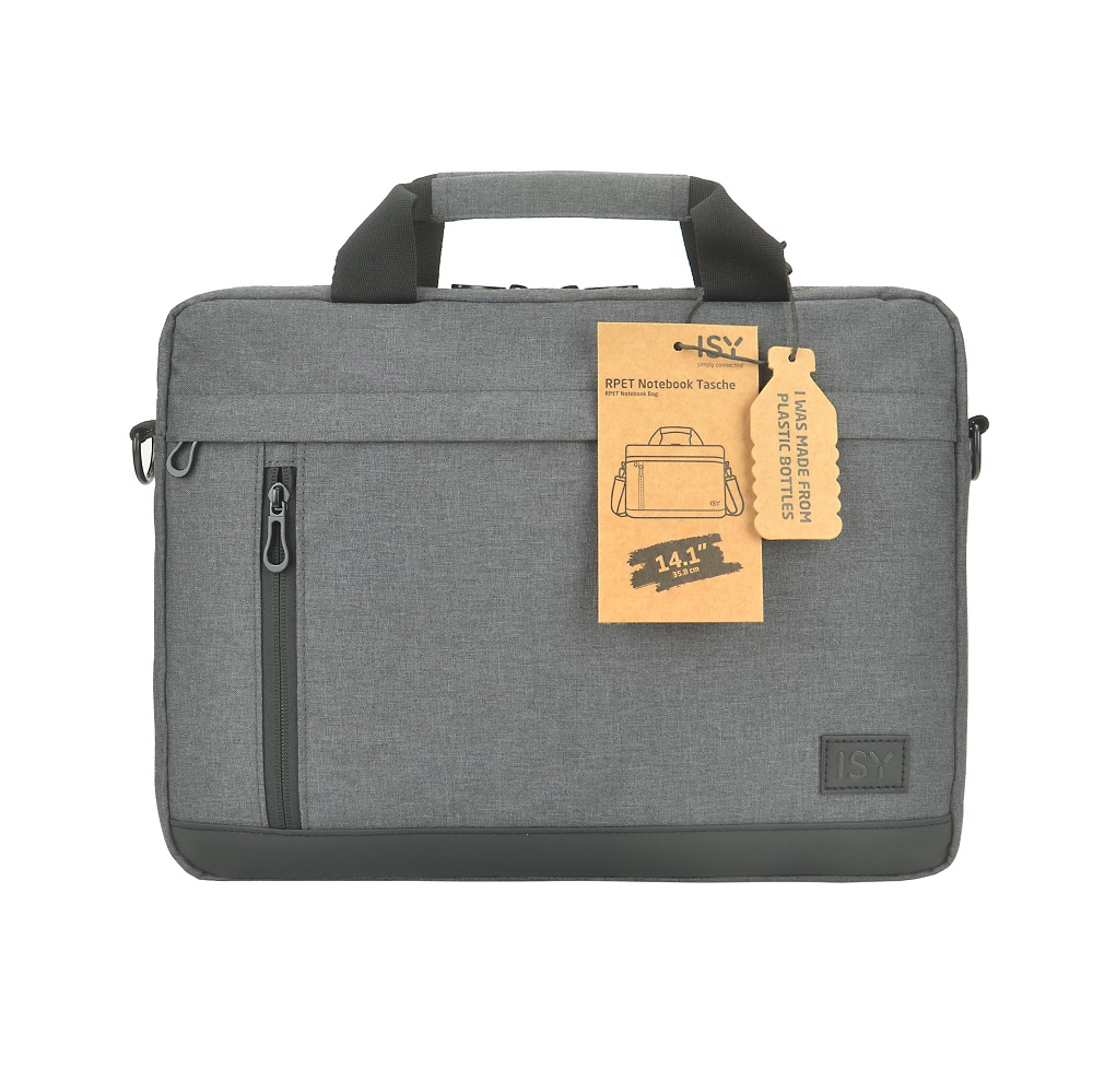 Szara torba na laptop z uchwytem i kieszenią na zamek. Marka ISY.