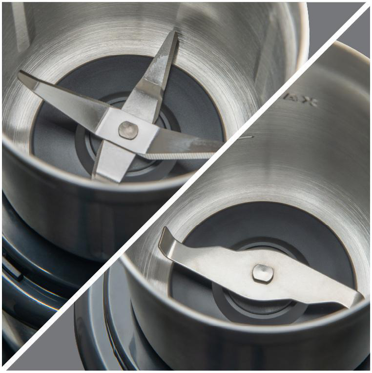 Zbliżenie dwóch różnych typów ostrzy w metalowych młynkach.