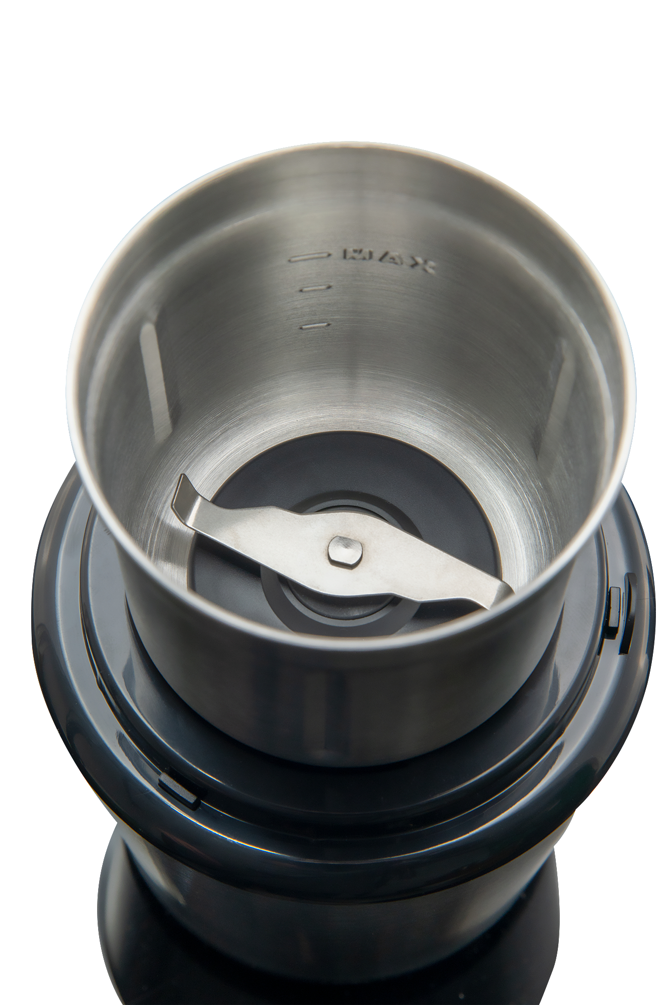 Zbliżenie srebrnego młynka z ostrzami i oznaczeniami.