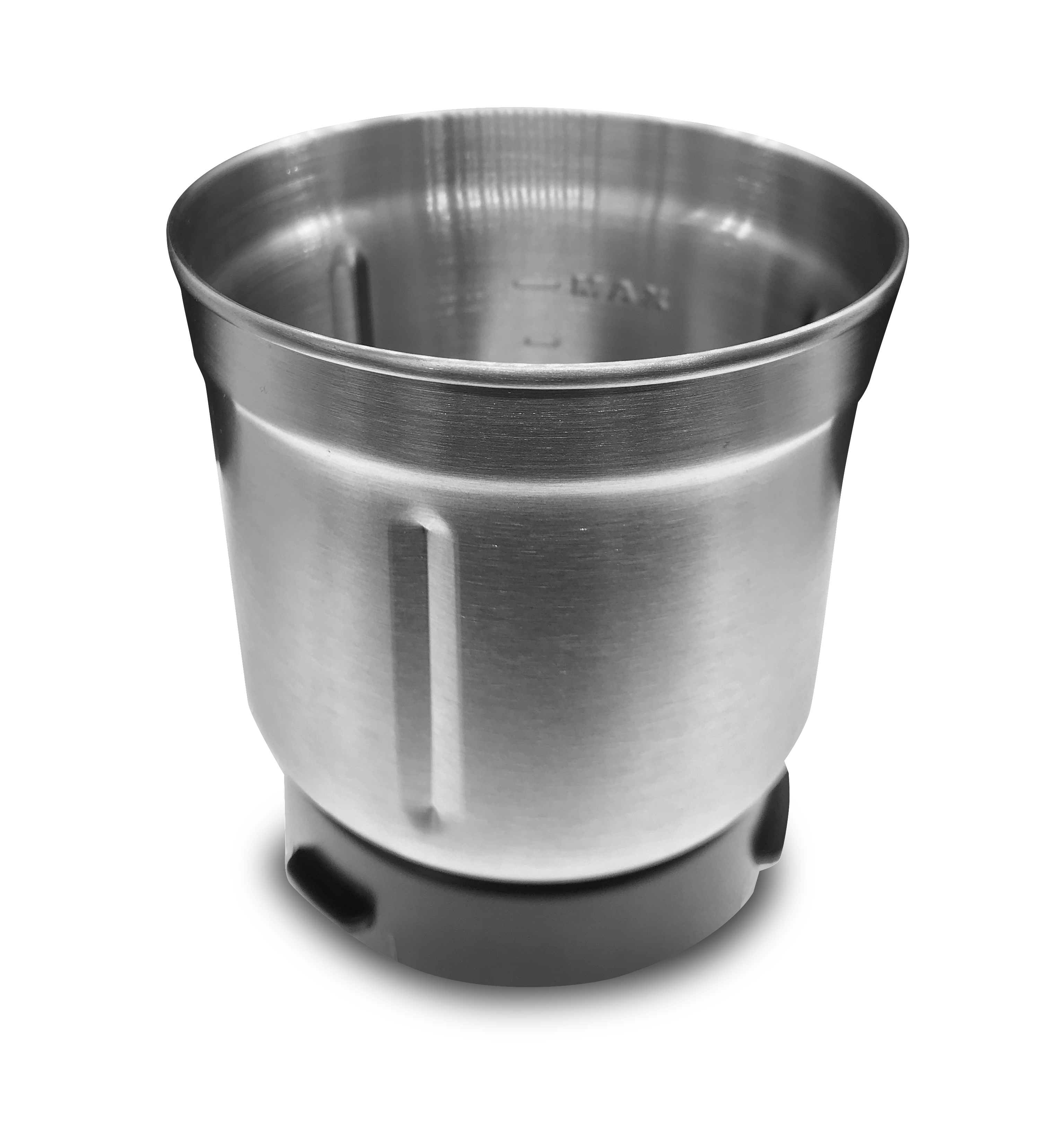 Srebrny metalowy kubek z czarną podstawą, z oznaczeniami.