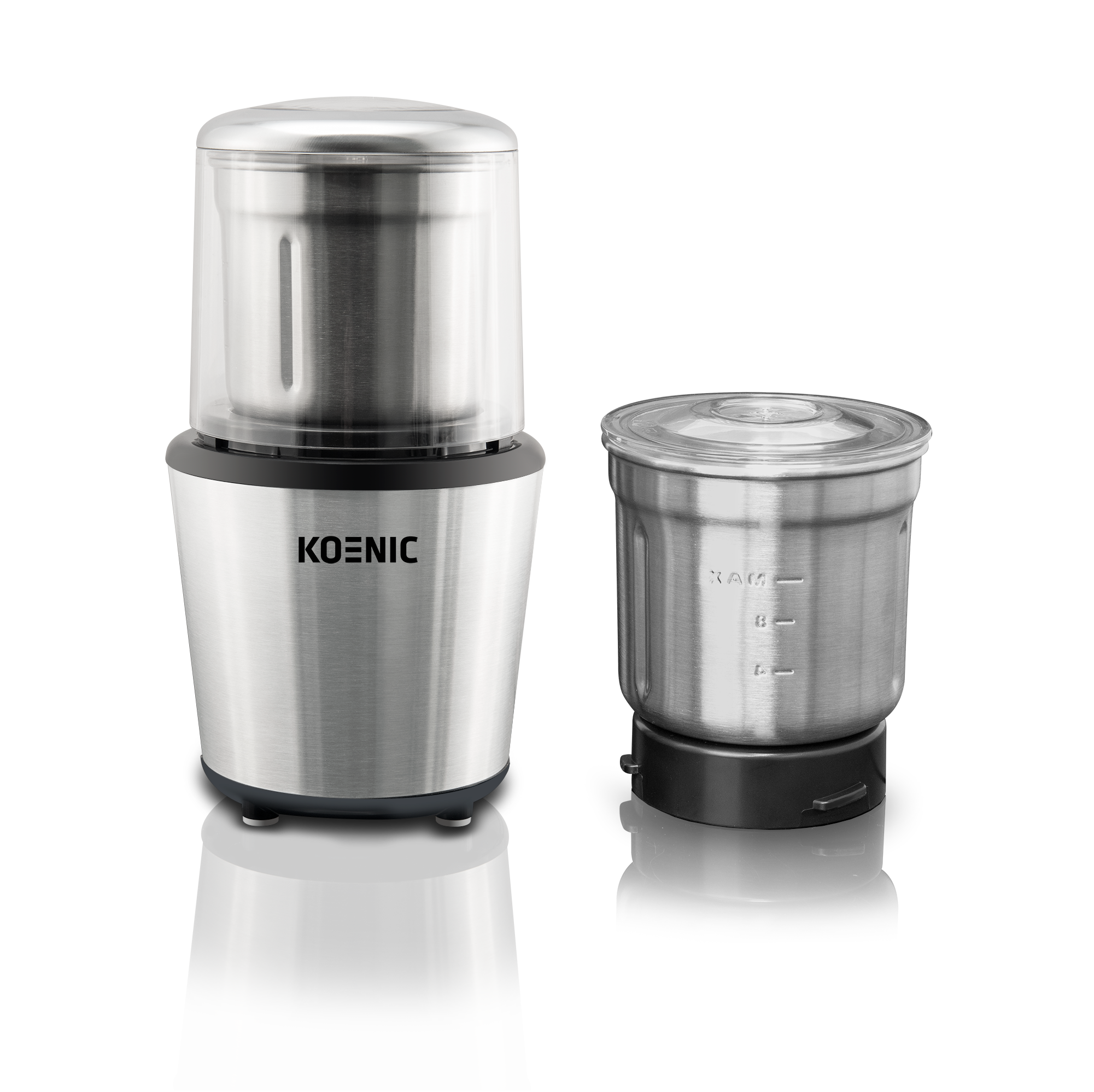 Dwa młynki ze stali nierdzewnej, jeden z logo KOENIC, na czarnym tle.