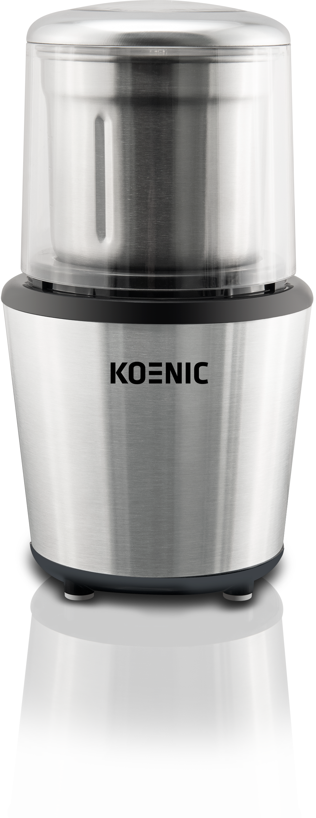 Szczotkowana stal nierdzewna młynek do kawy z przezroczystą pokrywą.