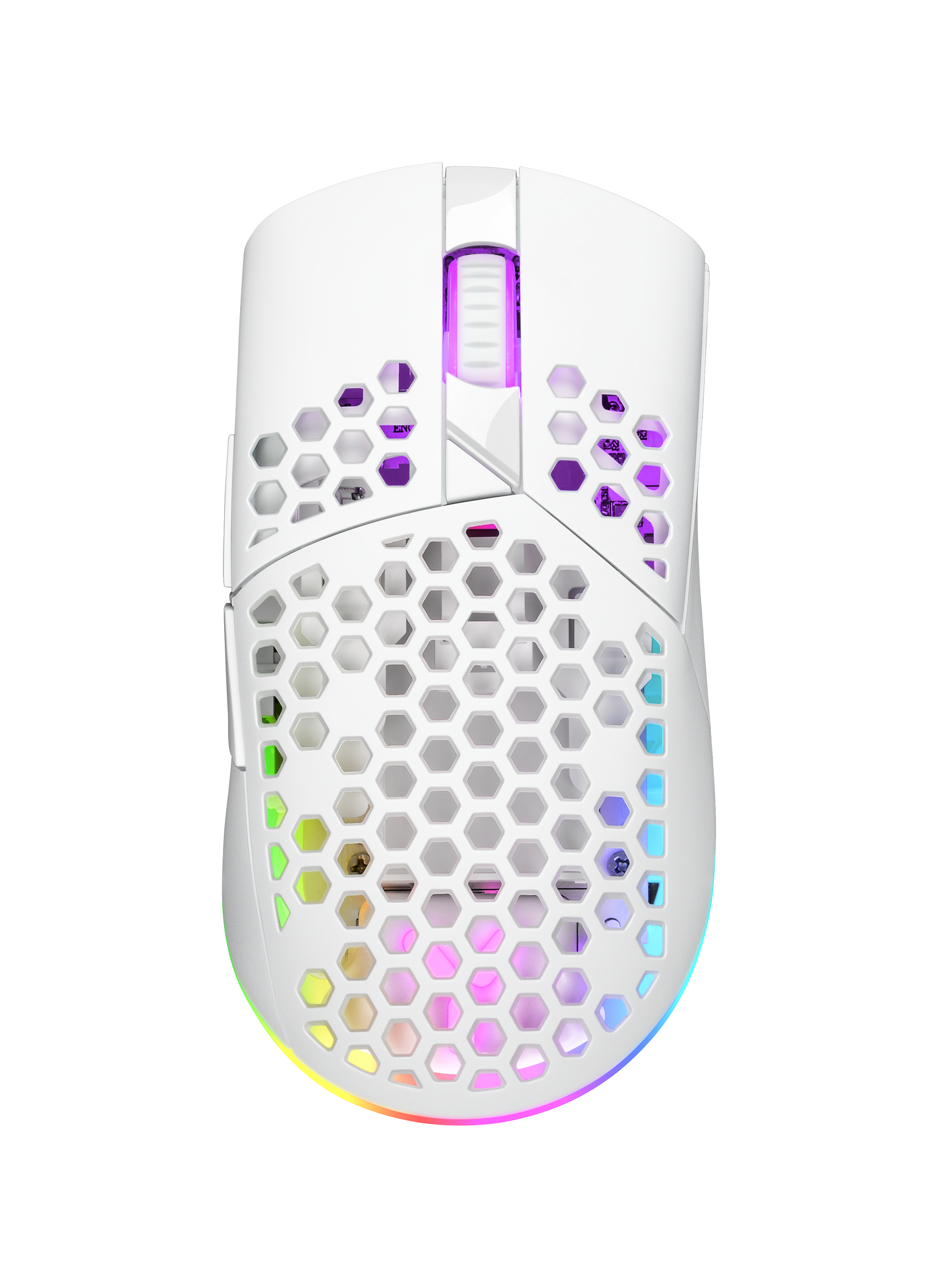 Biała mysz gamingowa z wzorem plastra miodu i oświetleniem RGB.