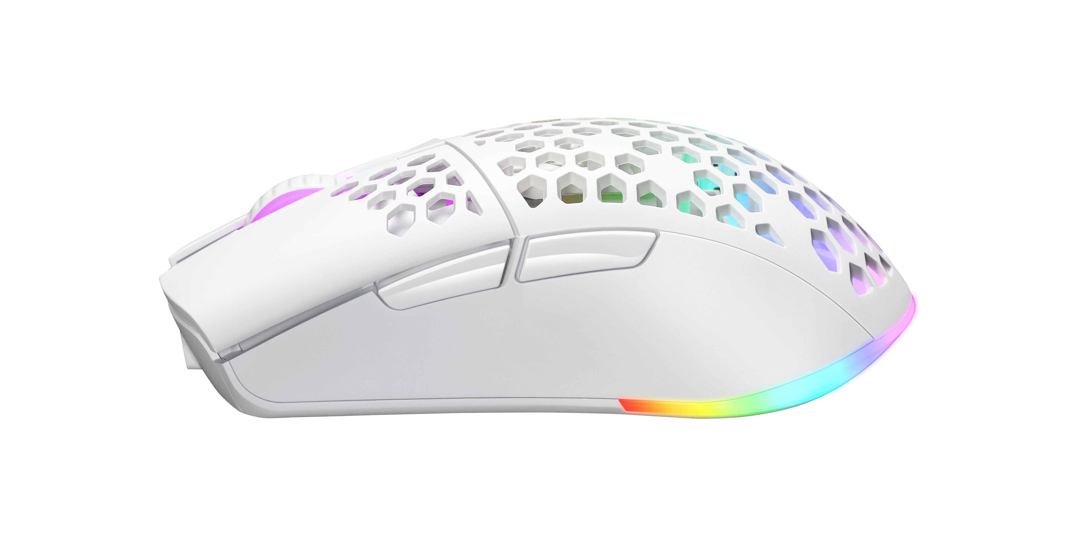 Biała mysz gamingowa z górną częścią o strukturze plastra miodu i oświetleniem RGB.