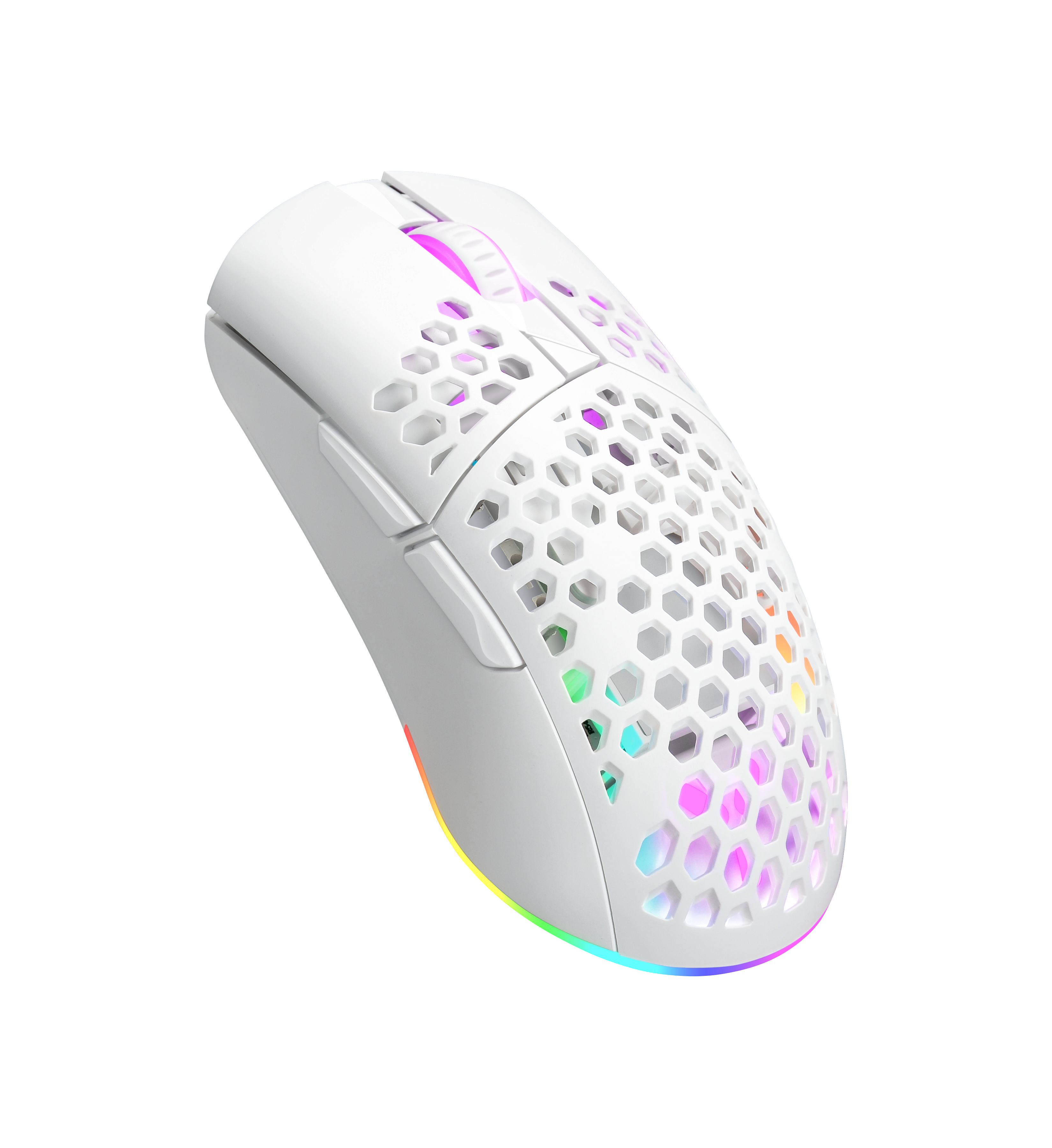 Biała mysz gamingowa z motywem plastra miodu i podświetleniem RGB.