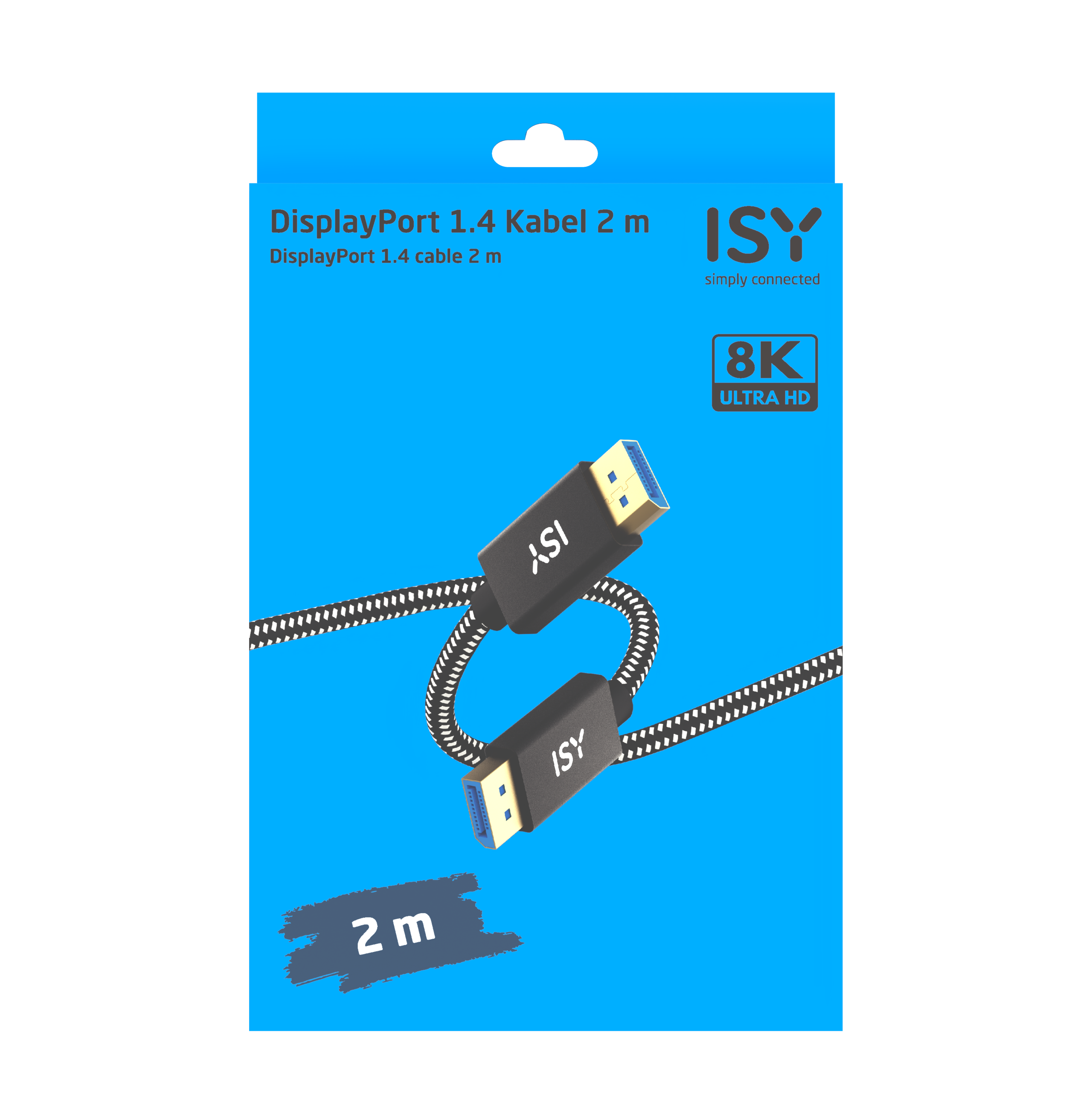 Kabel ISY DisplayPort 1.4 2m, 8K Ultra HD, z dwoma złączami.