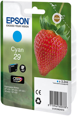 Tusz Epson Cyan 29 z truskawką i logo. Zielono-białe opakowanie.