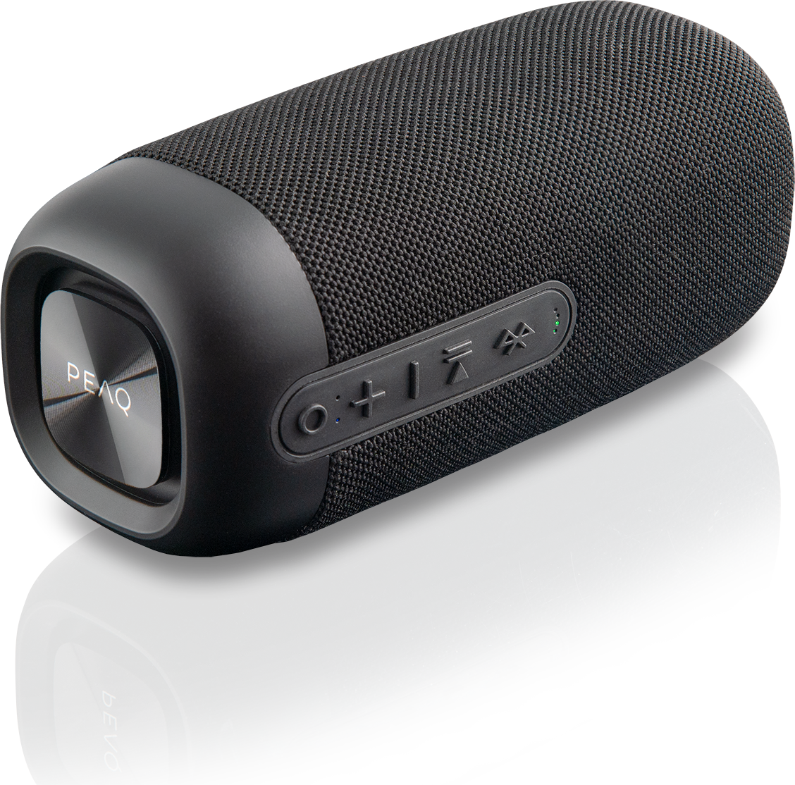 Czarny głośnik Bluetooth z bocznymi przyciskami i logo po lewej stronie.