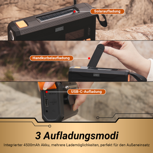 Ein Radio mit Solar-, Kurbel- und USB-C-Ladung. 4500mAh Akku für Outdoor.