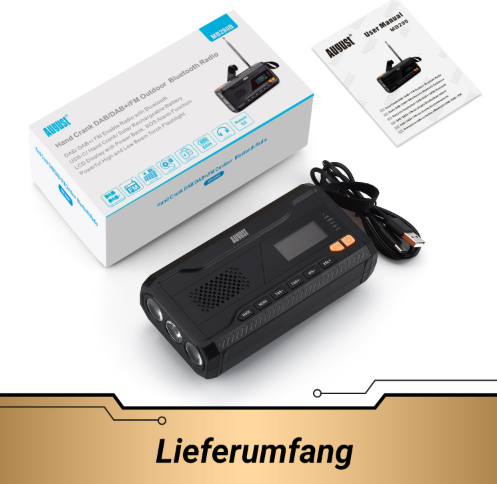 Schwarzes DAB/DAB+/FM-Radio mit Kurbel, USB und Taschenlampe.