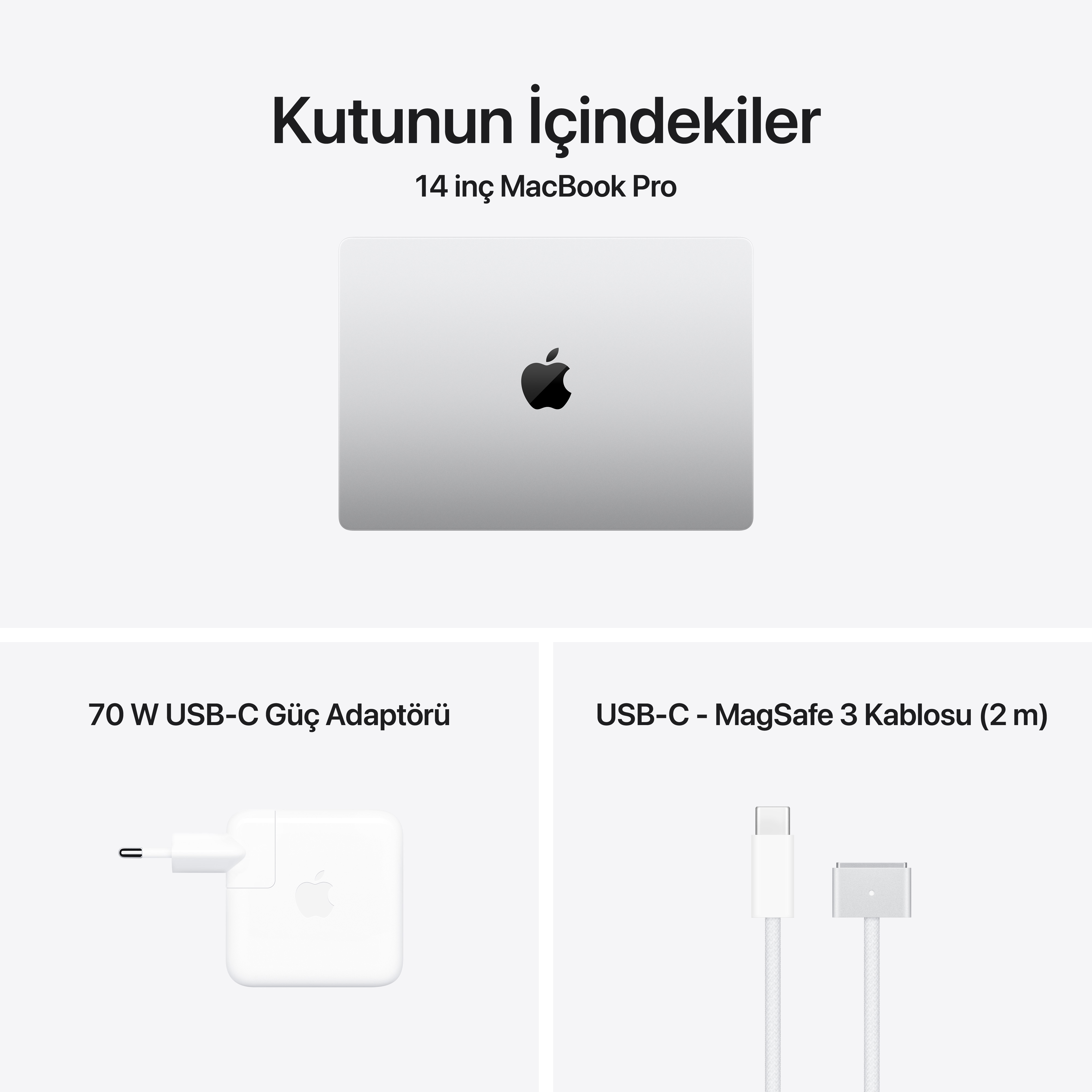 Beyaz arka planda MacBook Pro, güç adaptörü ve şarj kablosu.