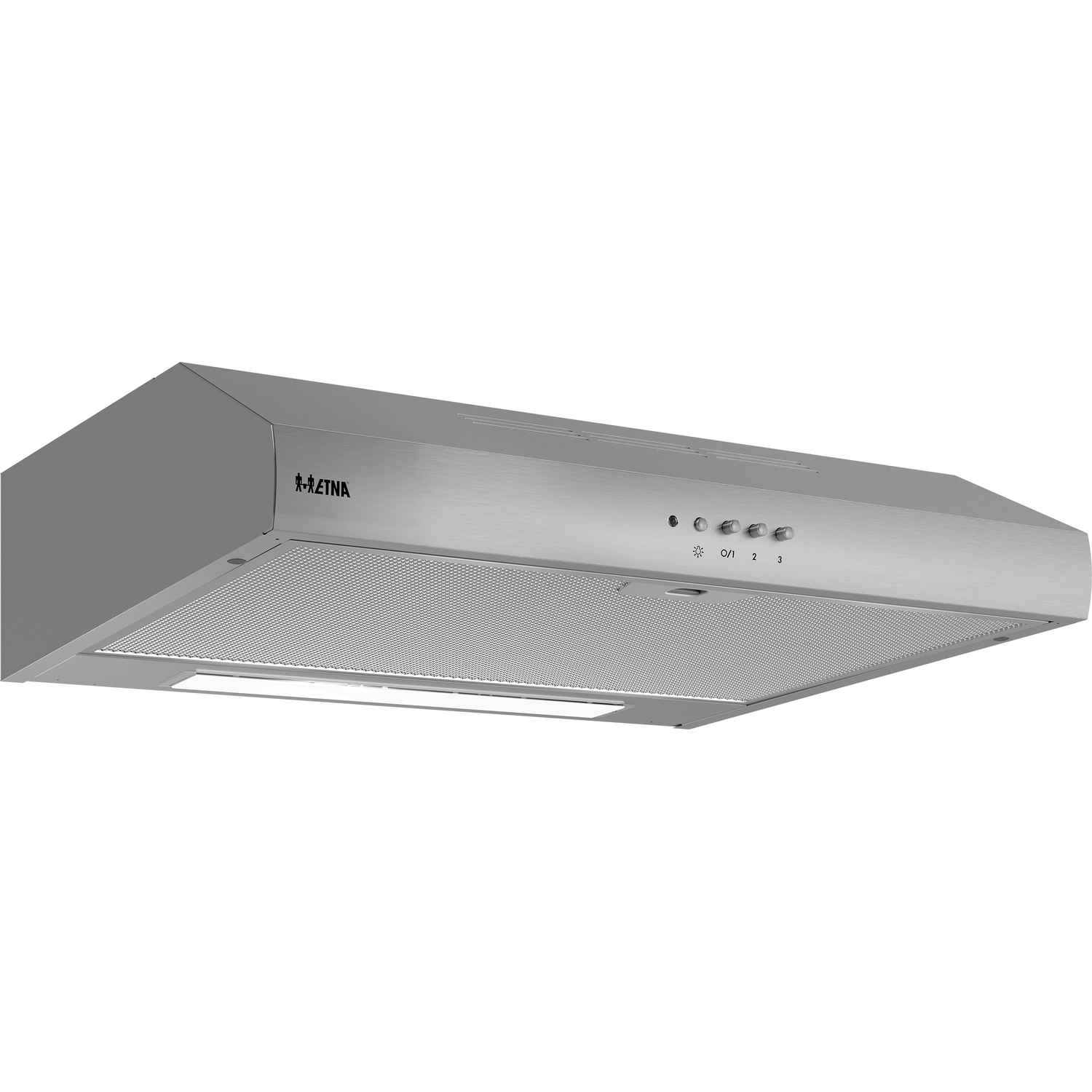 RVS afzuigkap met verlichting en bedieningsknoppen.