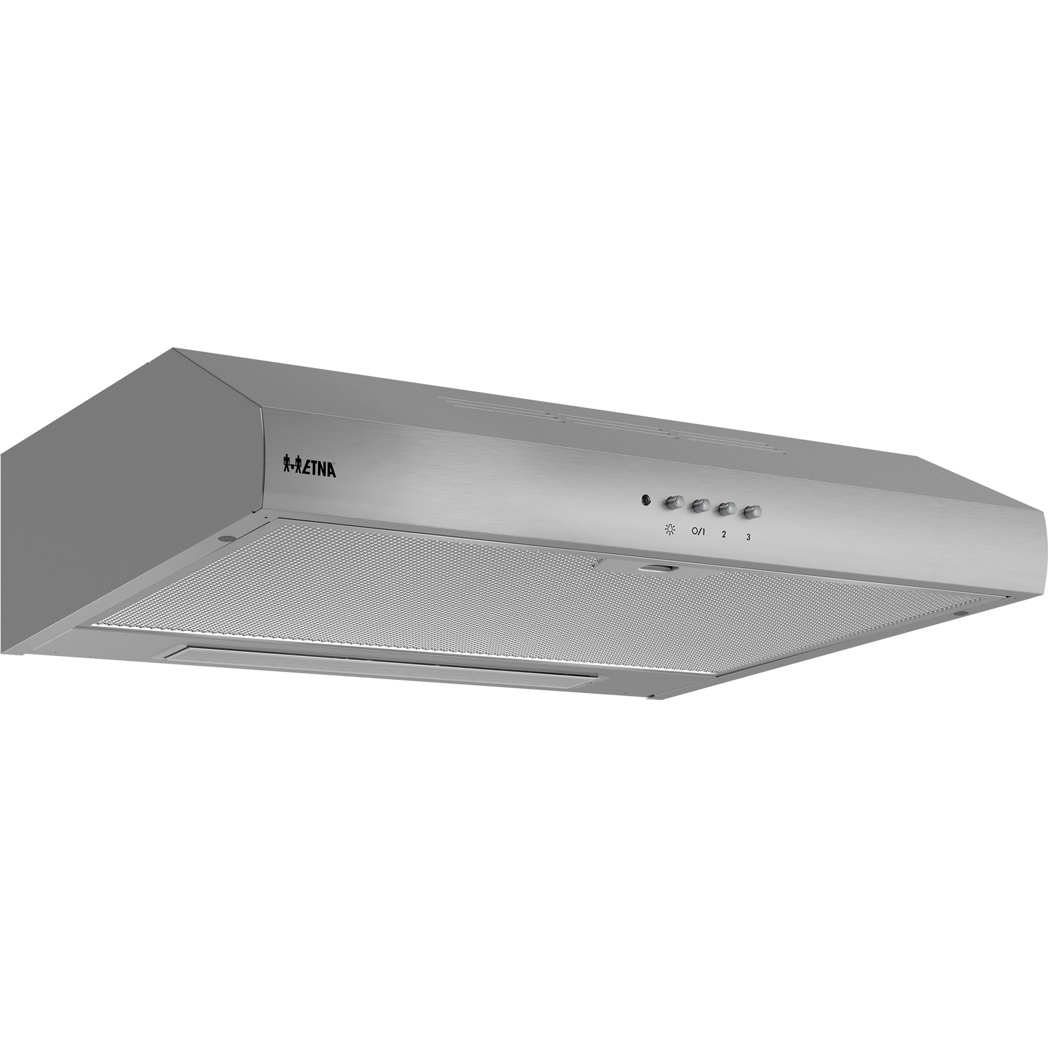 RVS afzuigkap met Etna logo, bedieningsknoppen en ventilatierooster.