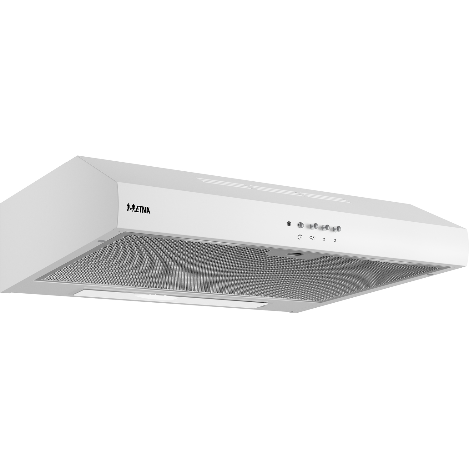 Een witte afzuigkap met metalen filter en bedieningsknoppen.