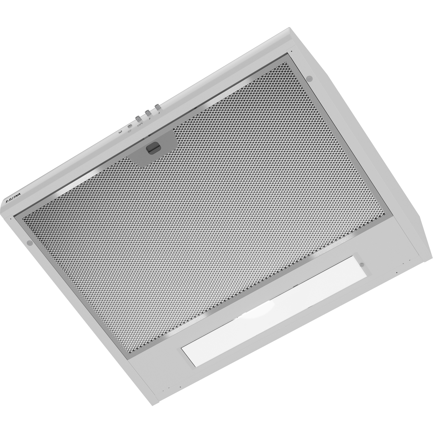 Een witte afzuigkap met metalen filter en bedieningsknoppen.