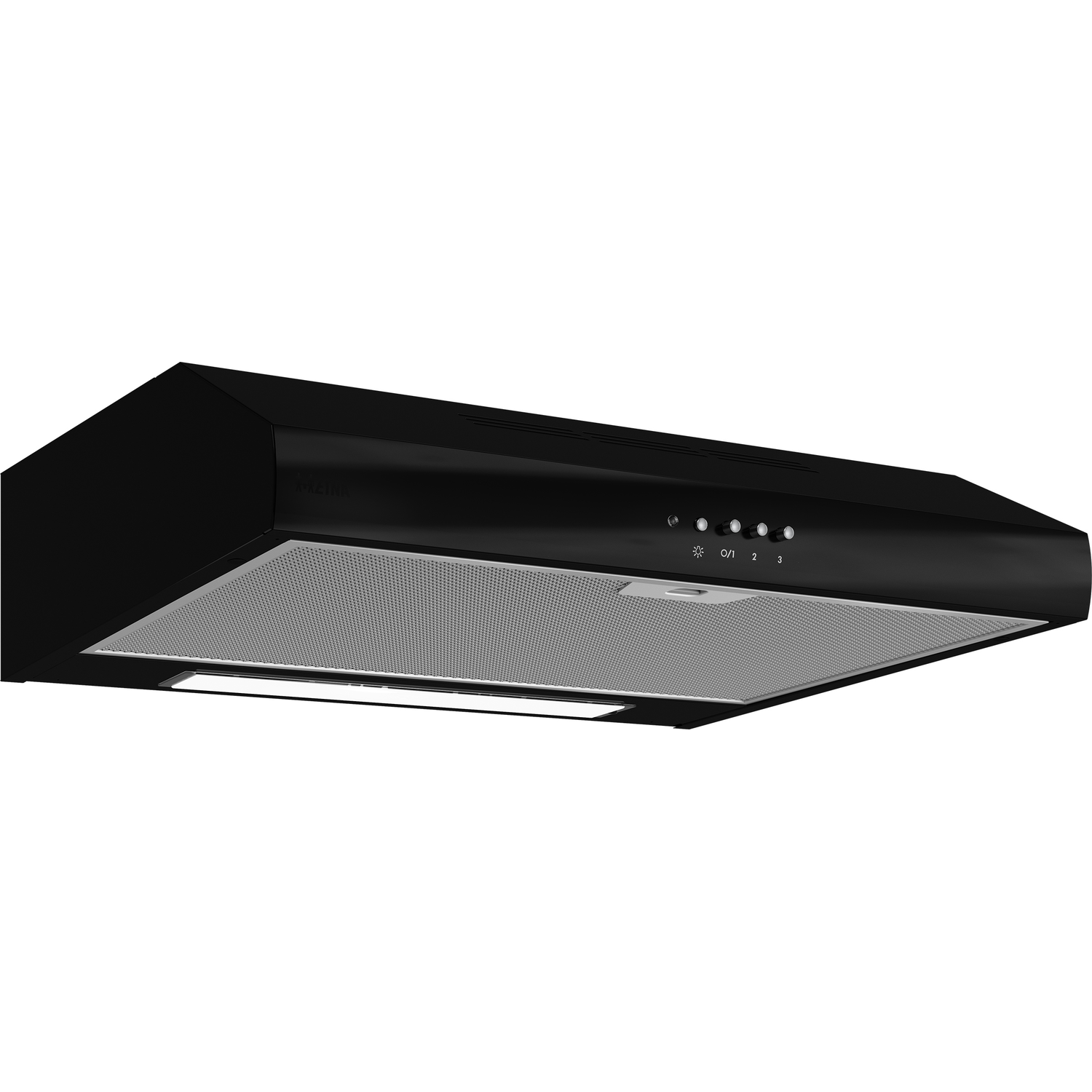 Een zwarte afzuigkap met metalen filter en verlichting.