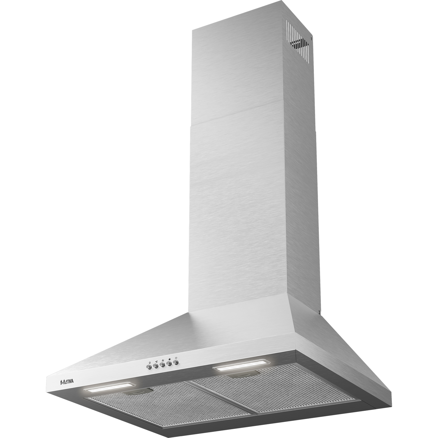 RVS afzuigkap met bedieningspaneel en verlichting.