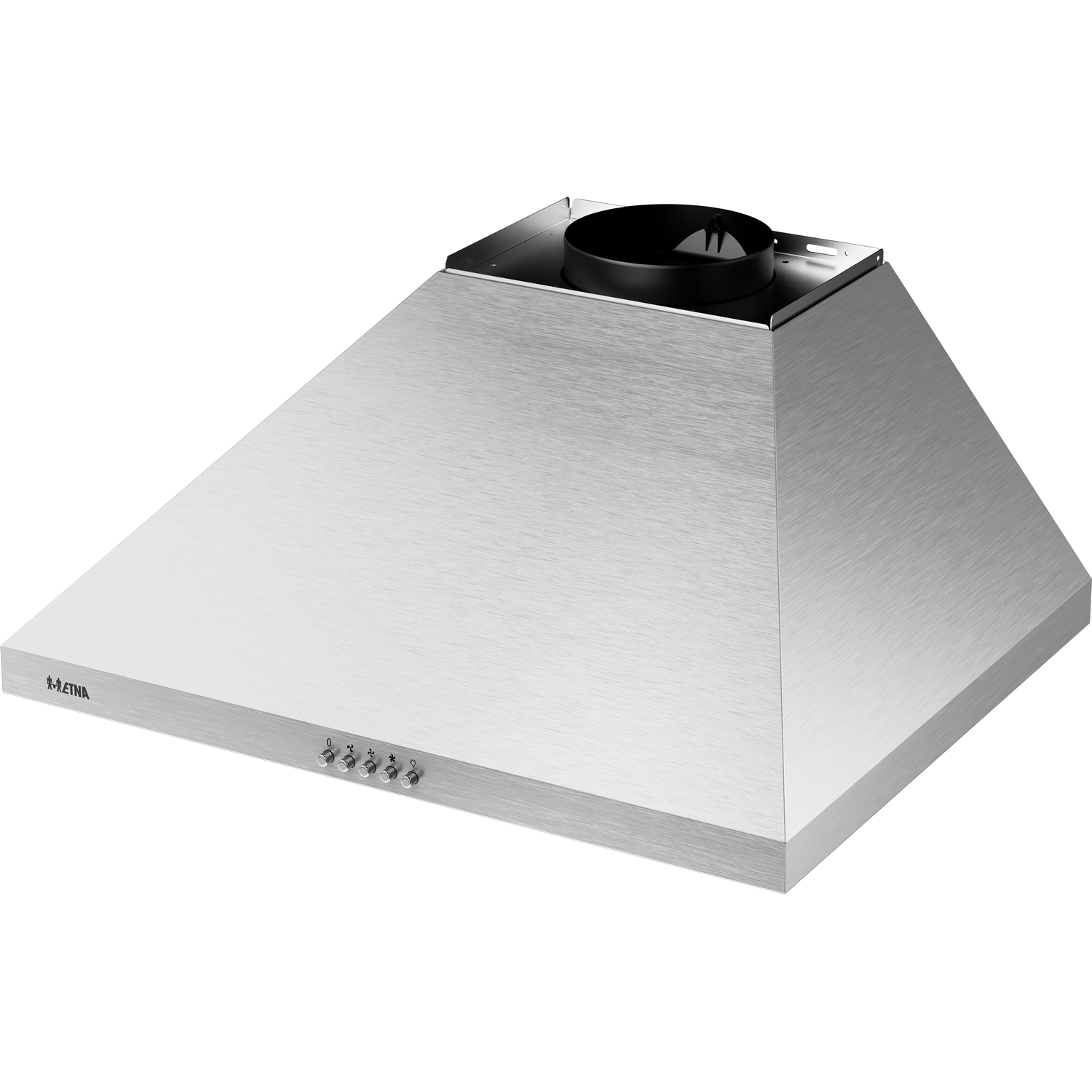 Rvs afzuigkap met zwarte ventilatie en bedieningsknoppen.
