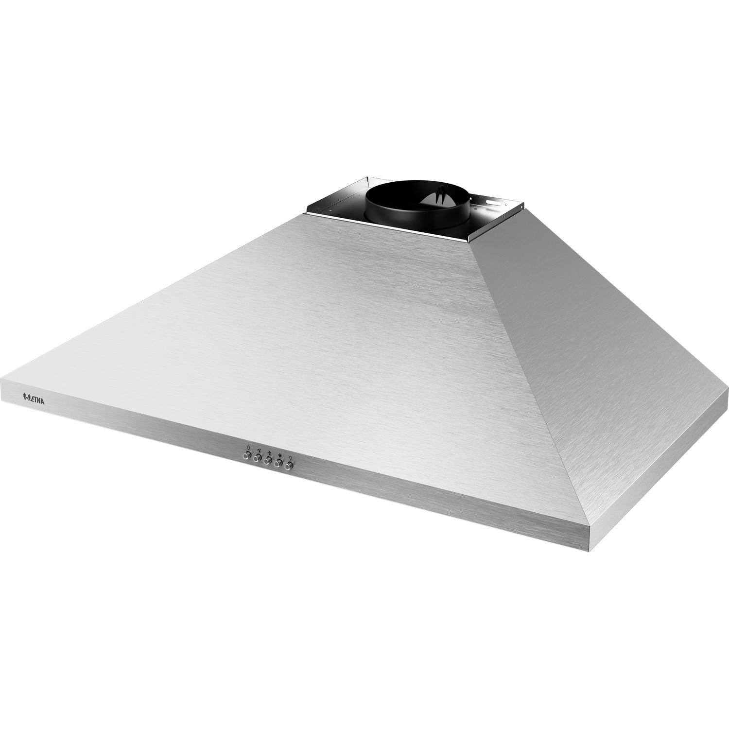 Een zilverkleurige afzuigkap met bedieningsknoppen en een zwarte ventilatie.