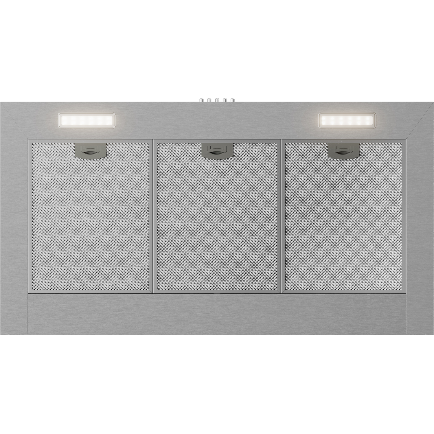 RVS afzuigkap met drie metalen filters en twee LED-lampen.