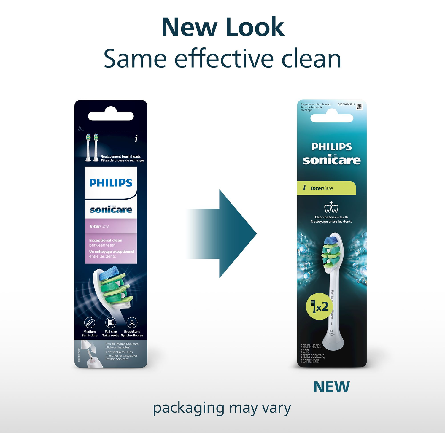 Two Philips Sonicare InterCare brush head packages, old and new look.