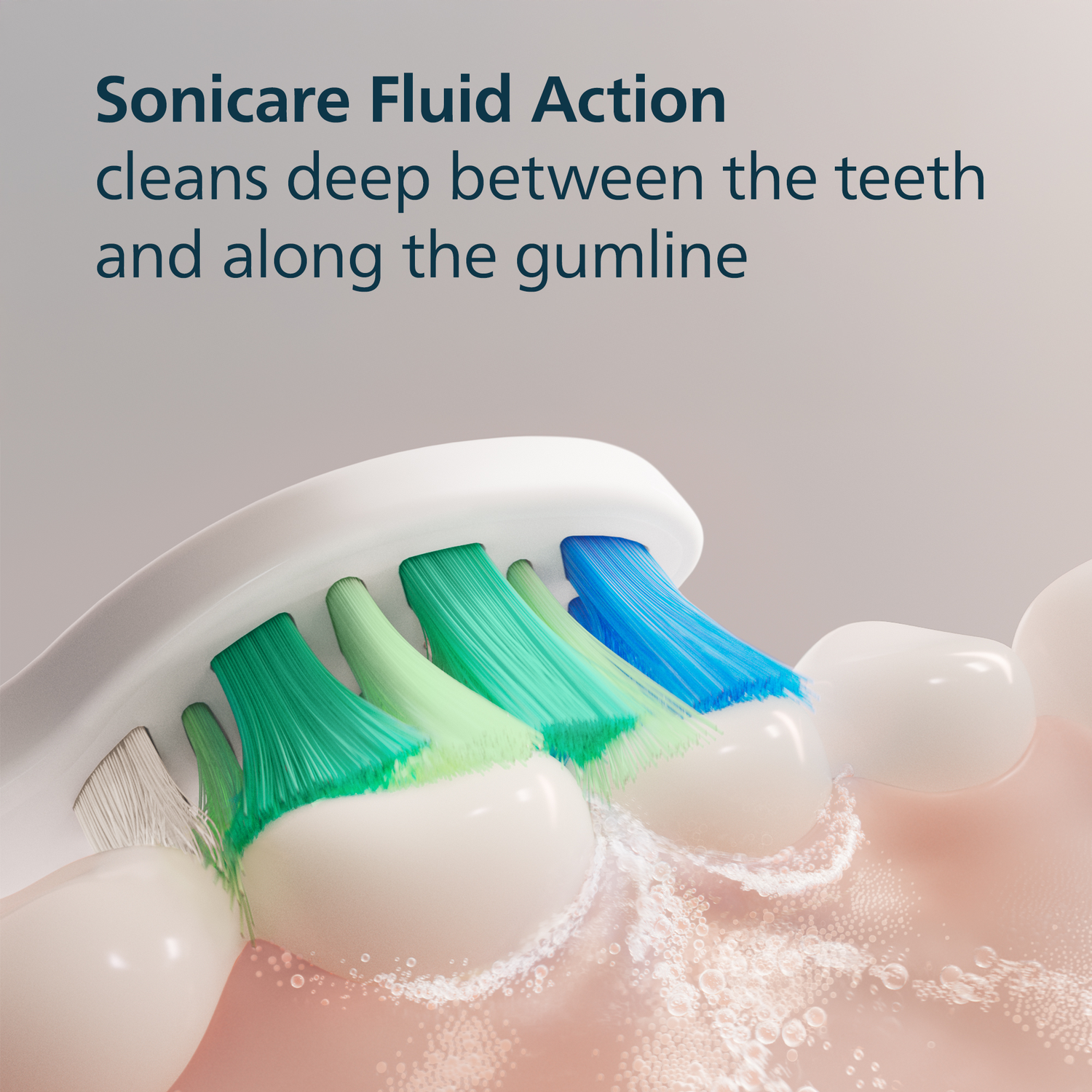 Electric toothbrush cleaning teeth and gums with fluid action.