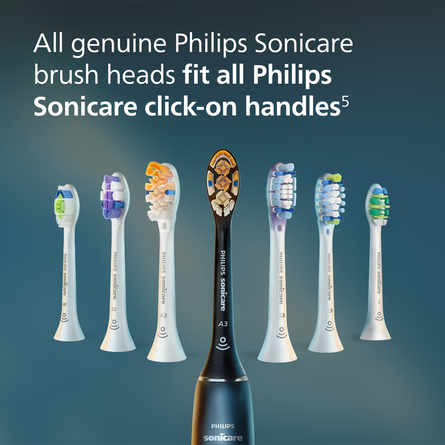 Seven Philips Sonicare brush heads in various colors and one handle.