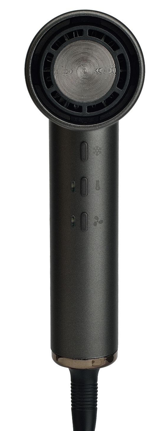 Ciemnoszary suszarka do włosów ze srebrnymi przyciskami, białe tło.