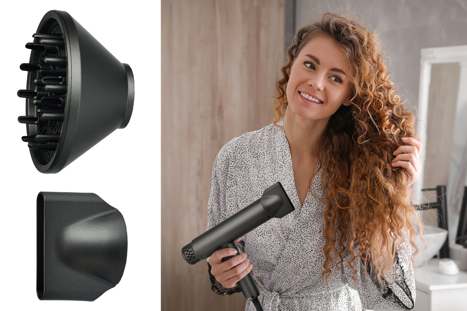 Kobieta z kręconymi włosami suszy włosy dyfuzorem na suszarce.