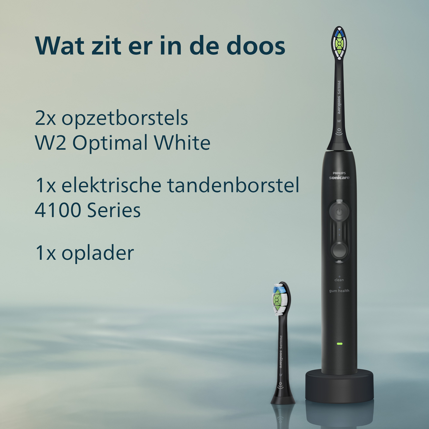 Zwarte elektrische tandenborstel met opzetstukken en lader.