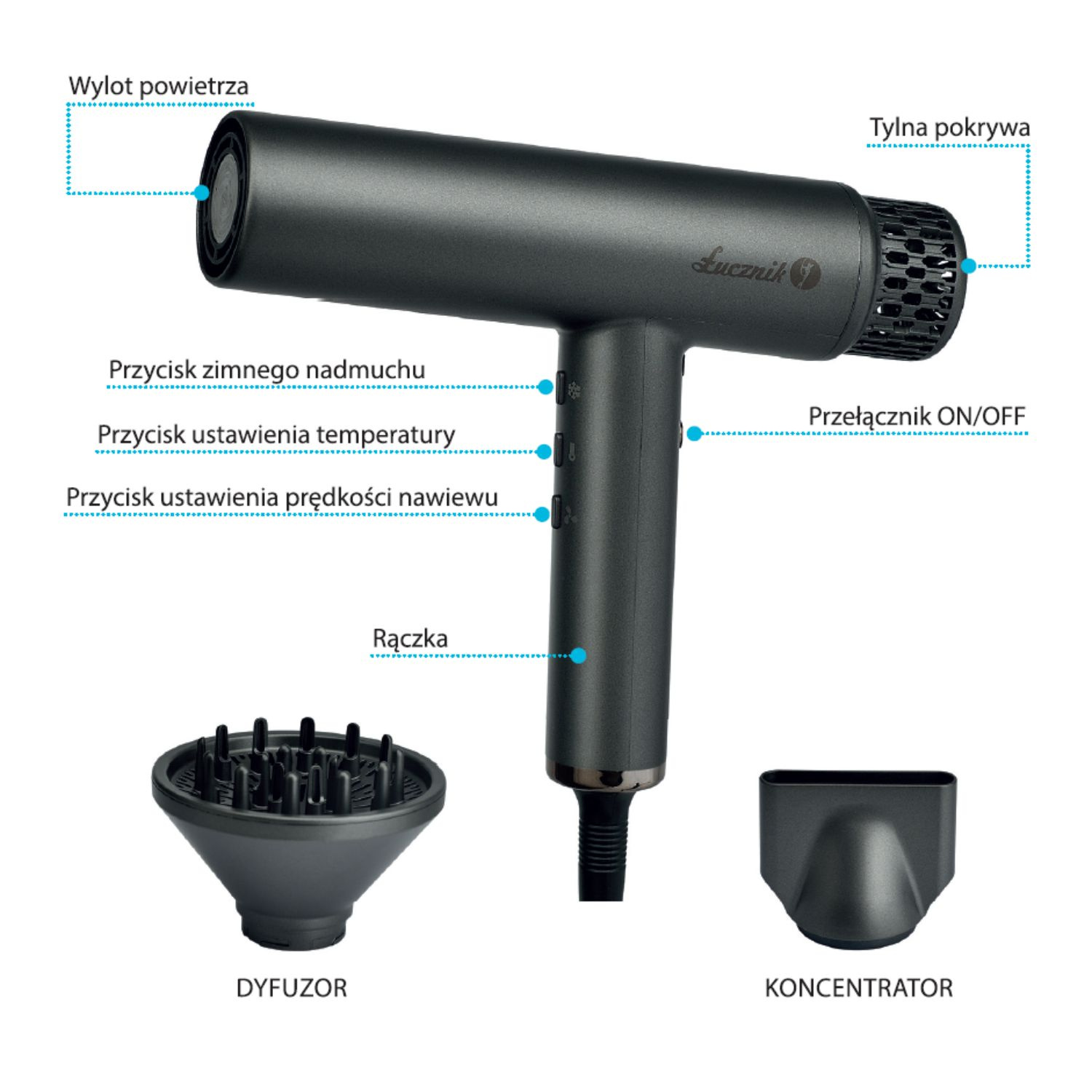 Czarna suszarka do włosów z nasadkami i przyciskami, na białym tle.