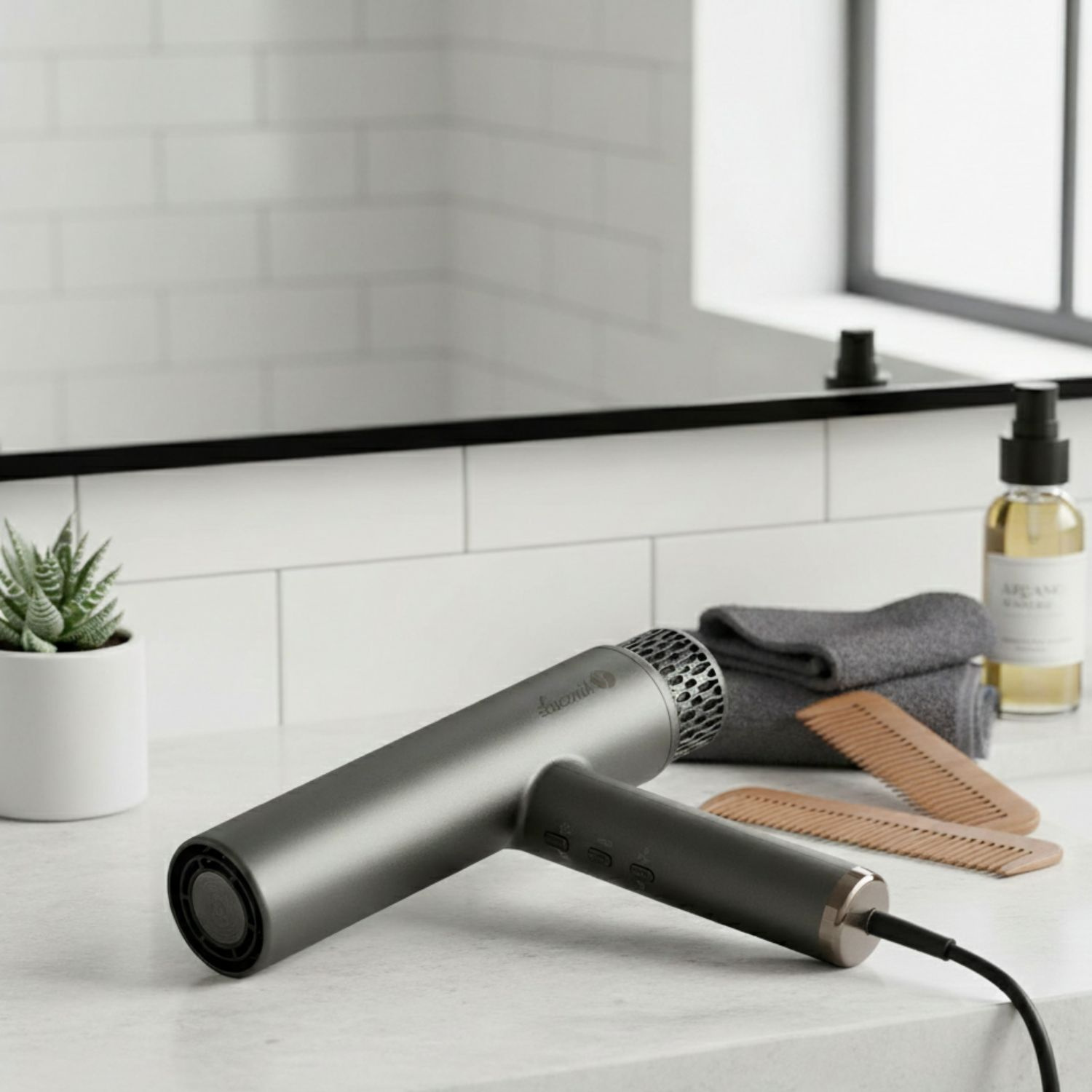 Szara suszarka do włosów leży na blacie obok ręczników, grzebieni i butelki.