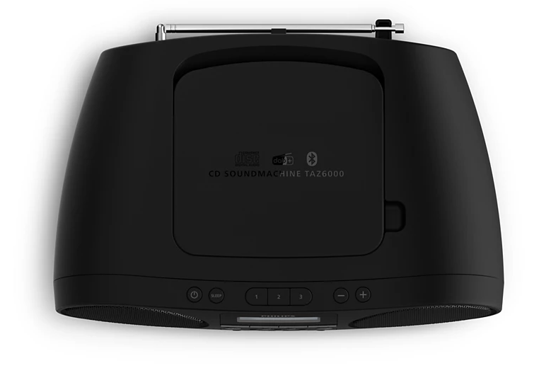 Czarna wieża CD TAZ6000 z DAB+ i Bluetooth, widziana z góry.