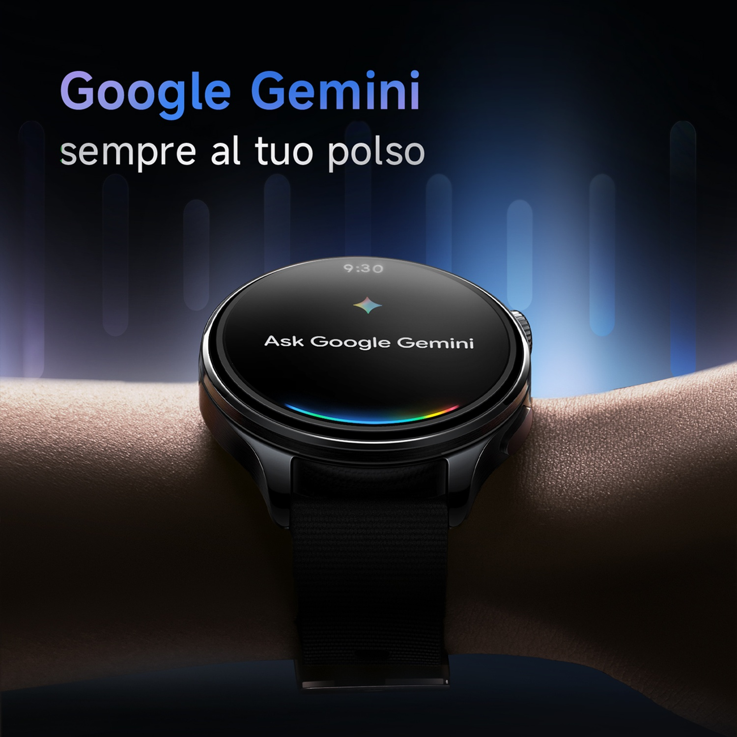 Uno smartwatch con Google Gemini al polso, con grafiche ondulate sullo sfondo.