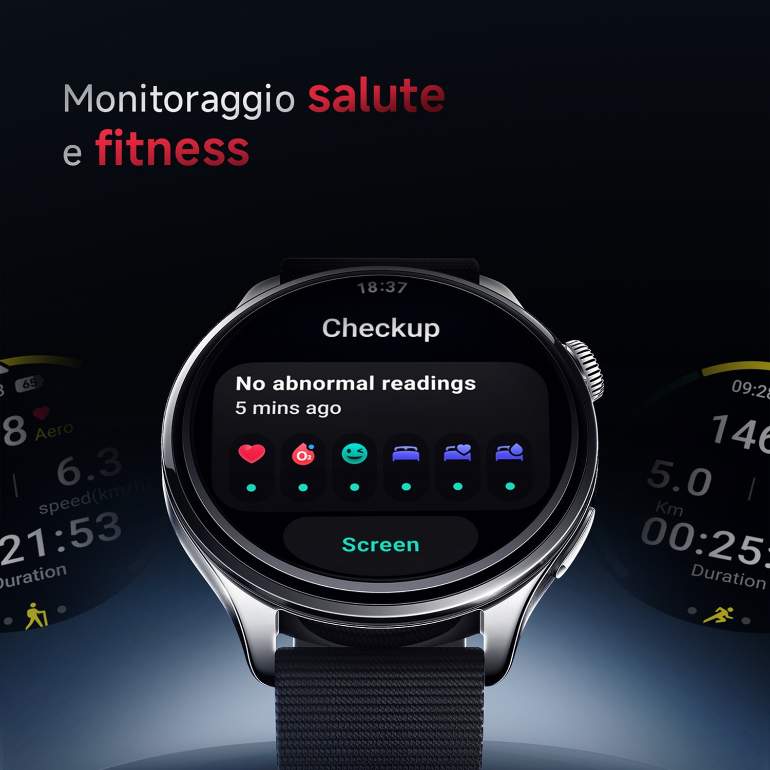 Uno smartwatch mostra dati sanitari: battito cardiaco, O2, sonno e stress.