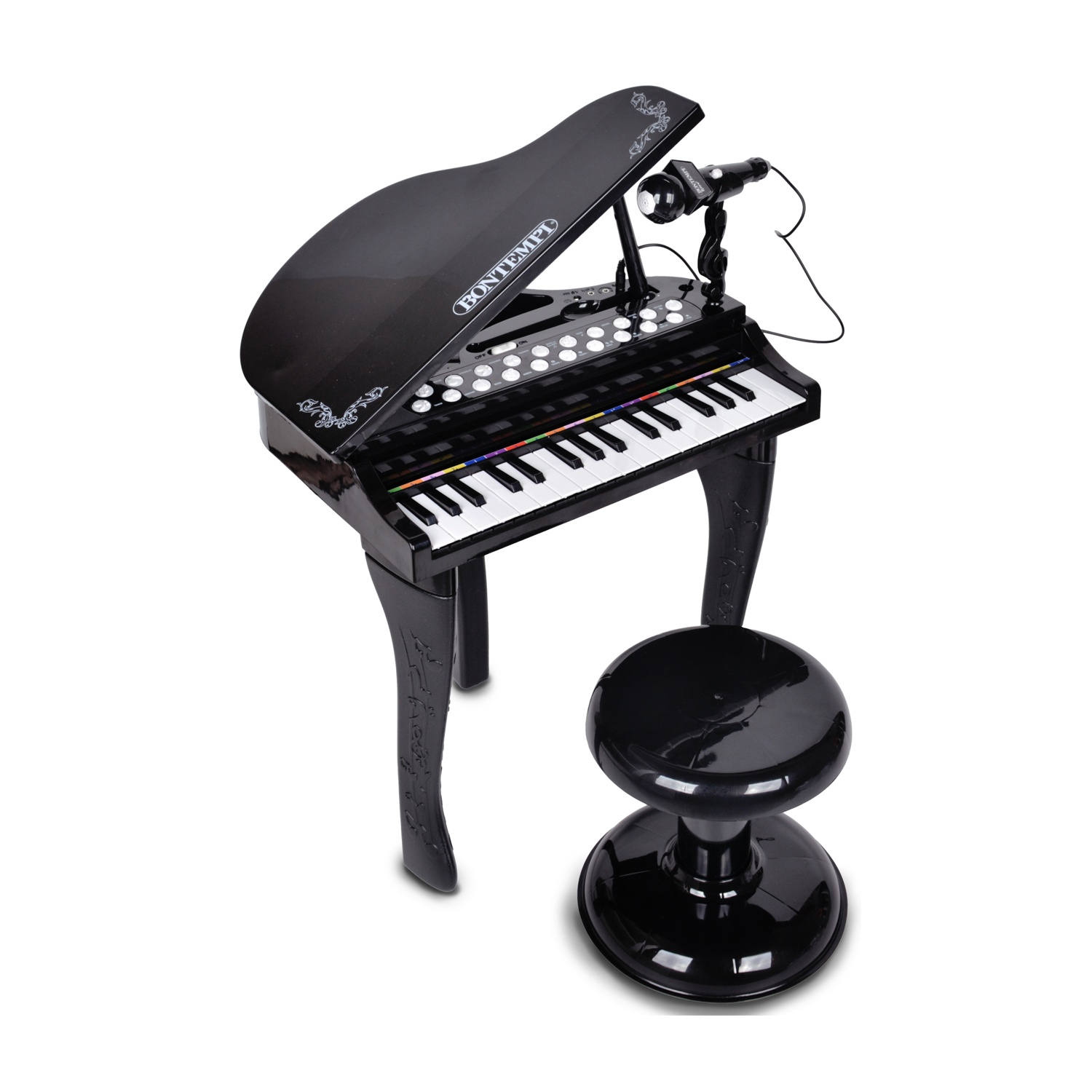 Un pianoforte giocattolo nero con microfono e sgabello.