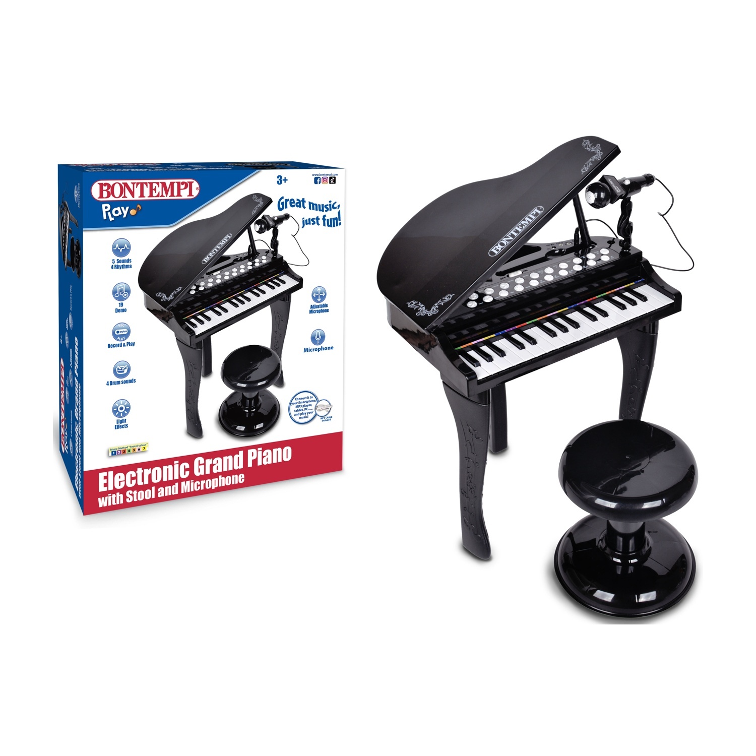 Pianoforte giocattolo elettronico nero con microfono e sgabello.