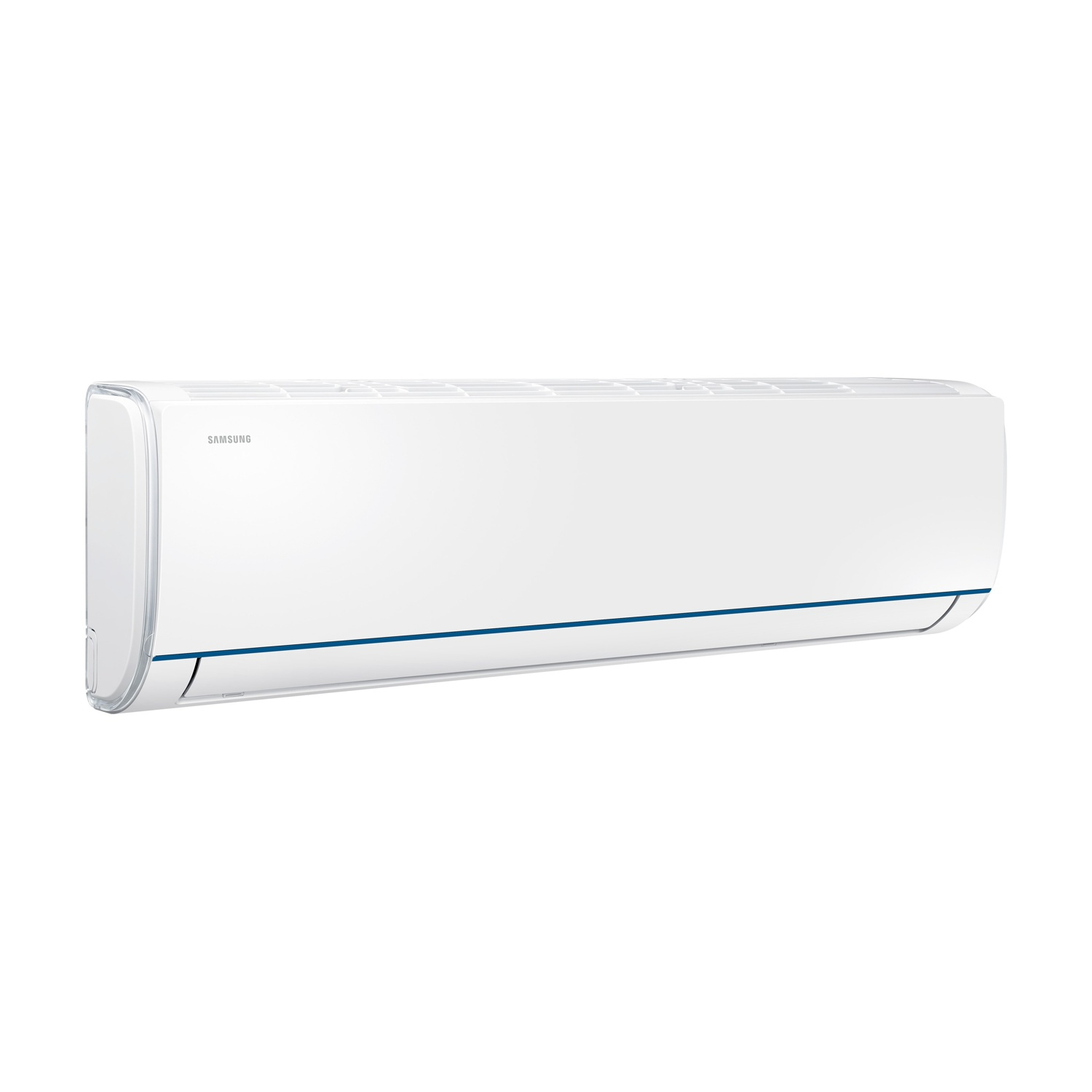 Un condizionatore Samsung bianco con accenti blu su sfondo bianco.