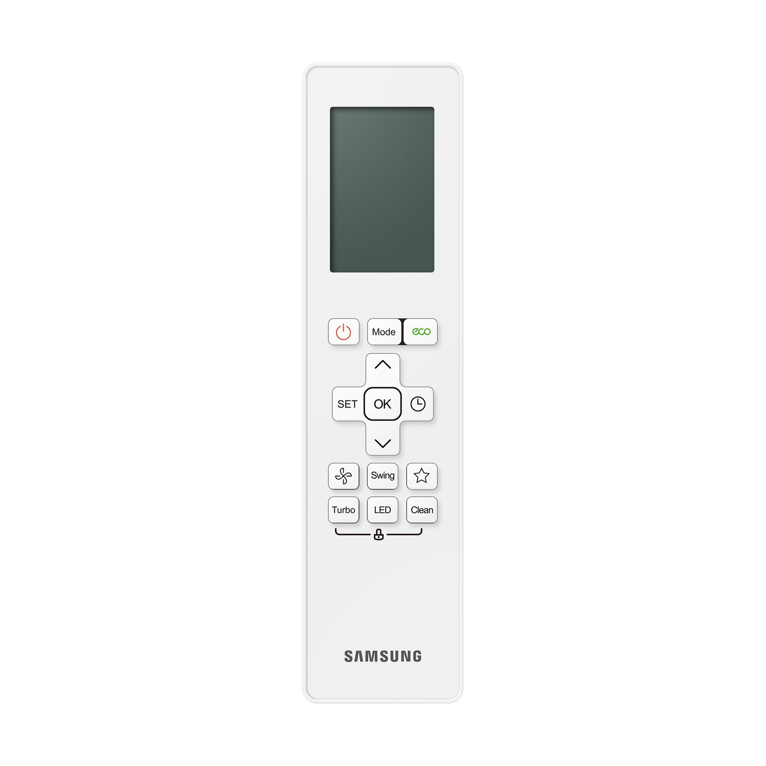 Un telecomando Samsung bianco con schermo nero e pulsanti.