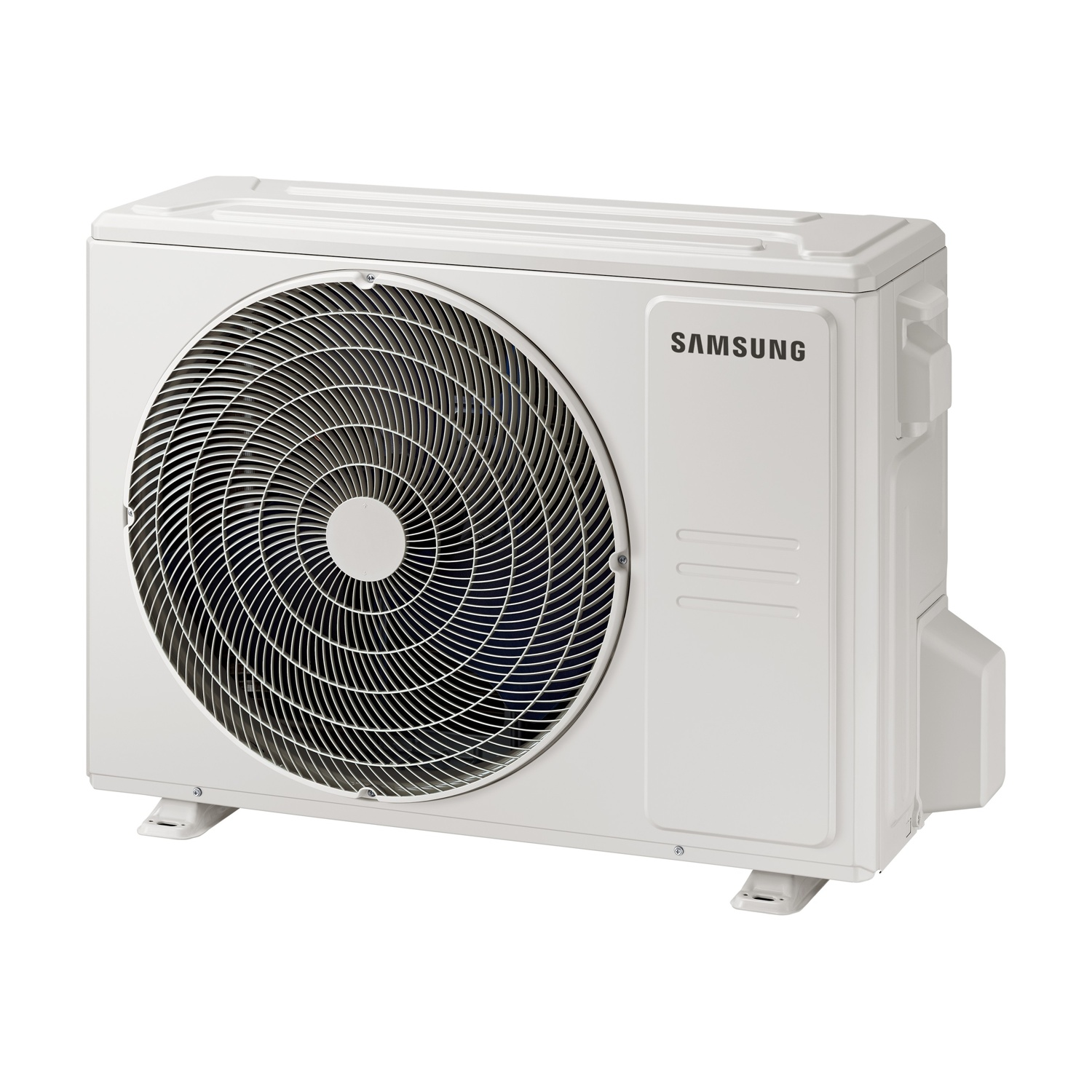 Unità esterna condizionatore Samsung bianca con griglia ventilatore.