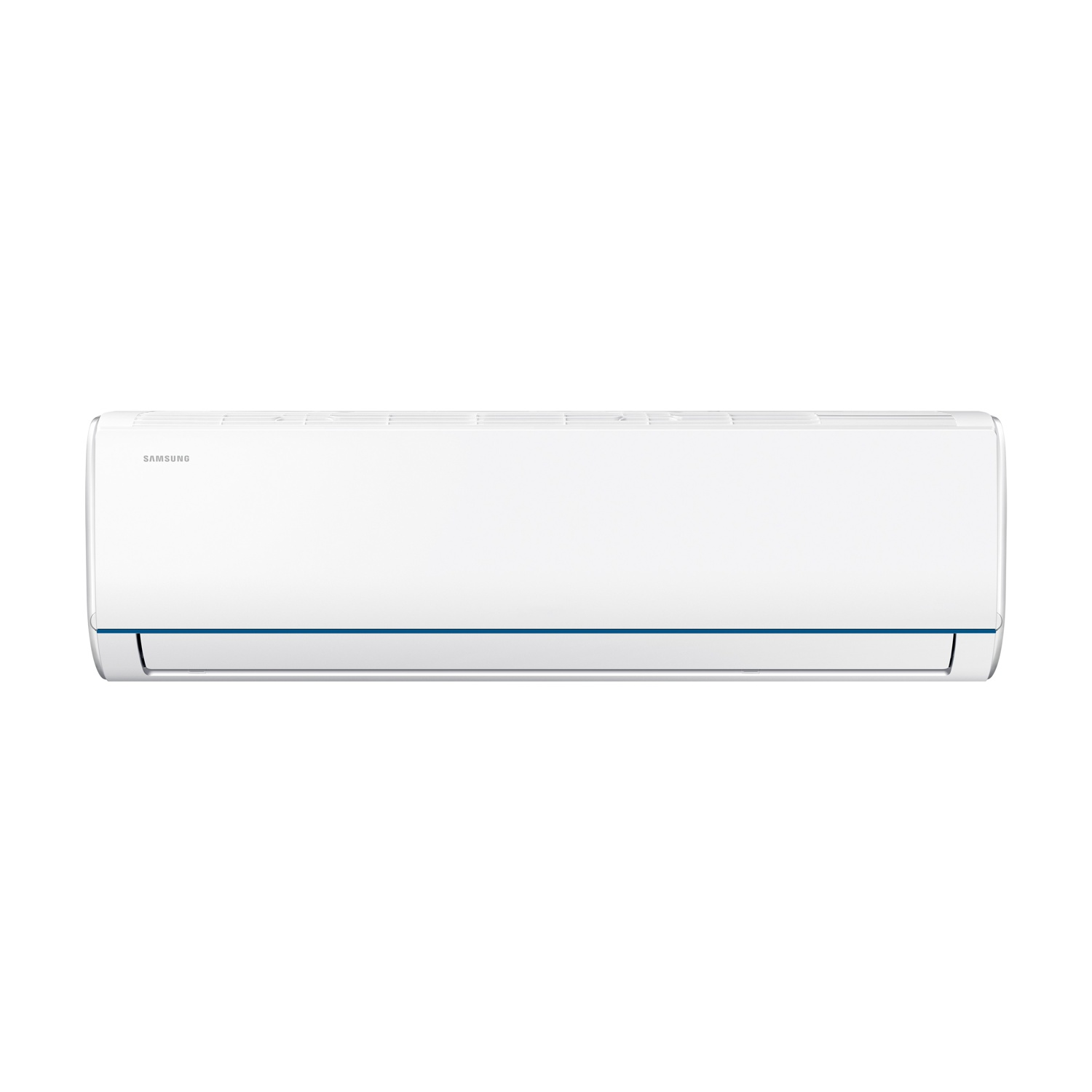 Un condizionatore Samsung bianco con finitura blu, su sfondo bianco.